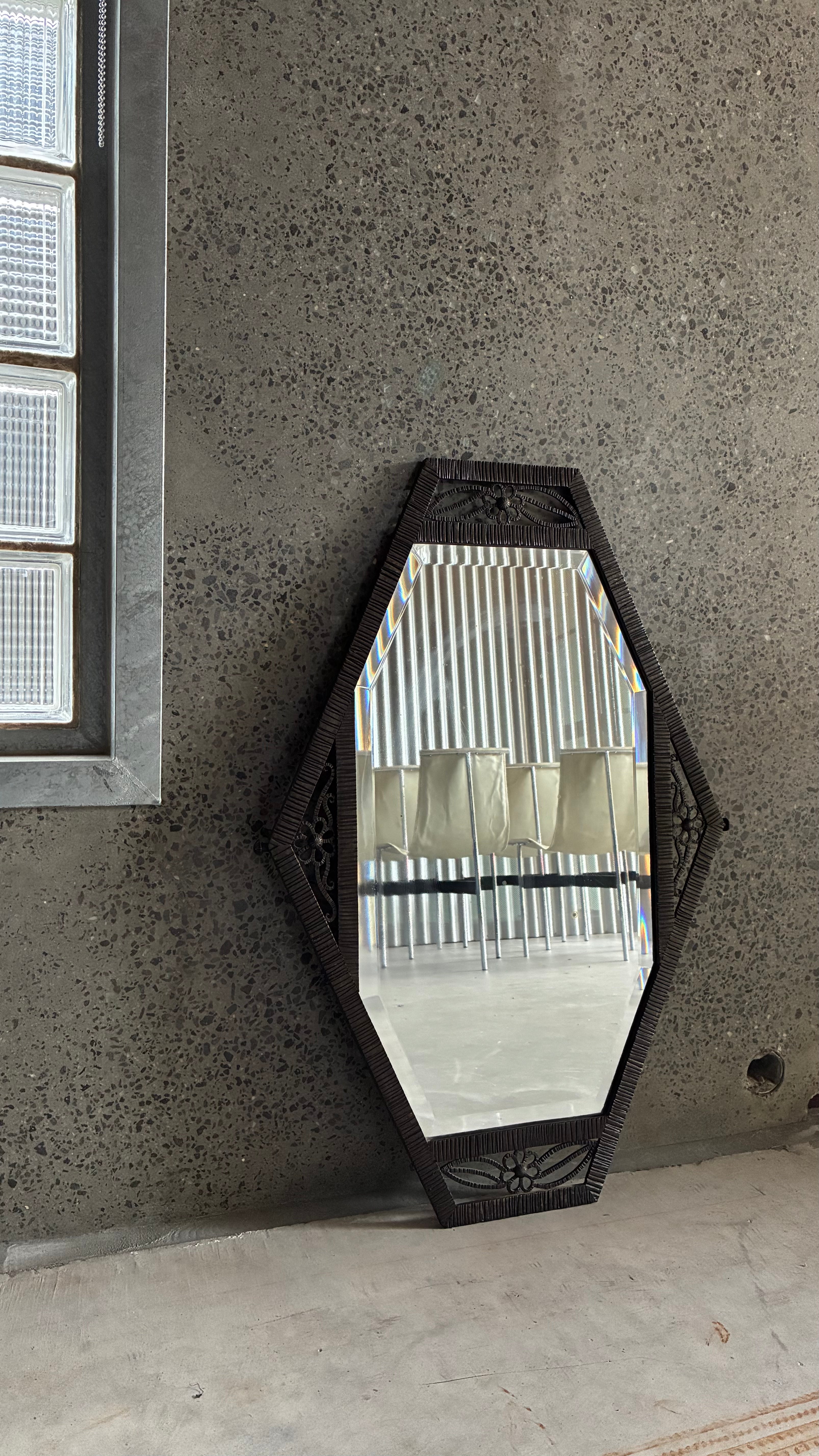 FRENCH ART DECO WROUGHT IRON HEXAGONAL MIRROR