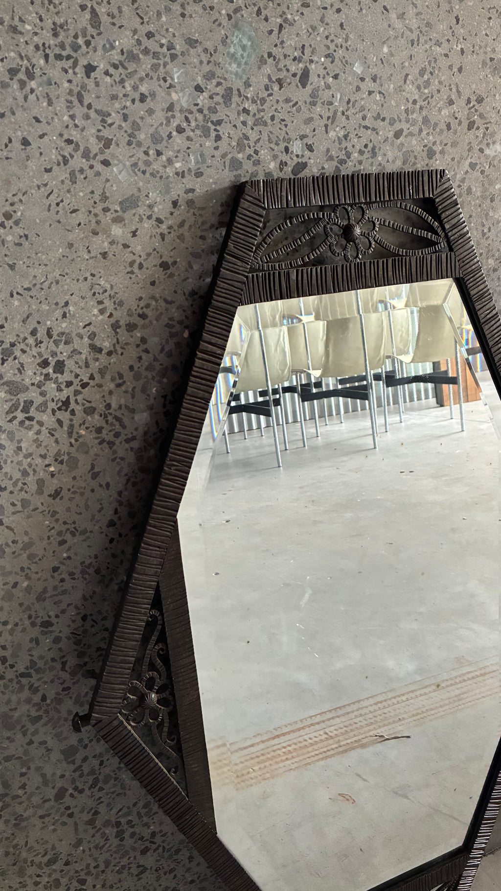 FRENCH ART DECO WROUGHT IRON HEXAGONAL MIRROR