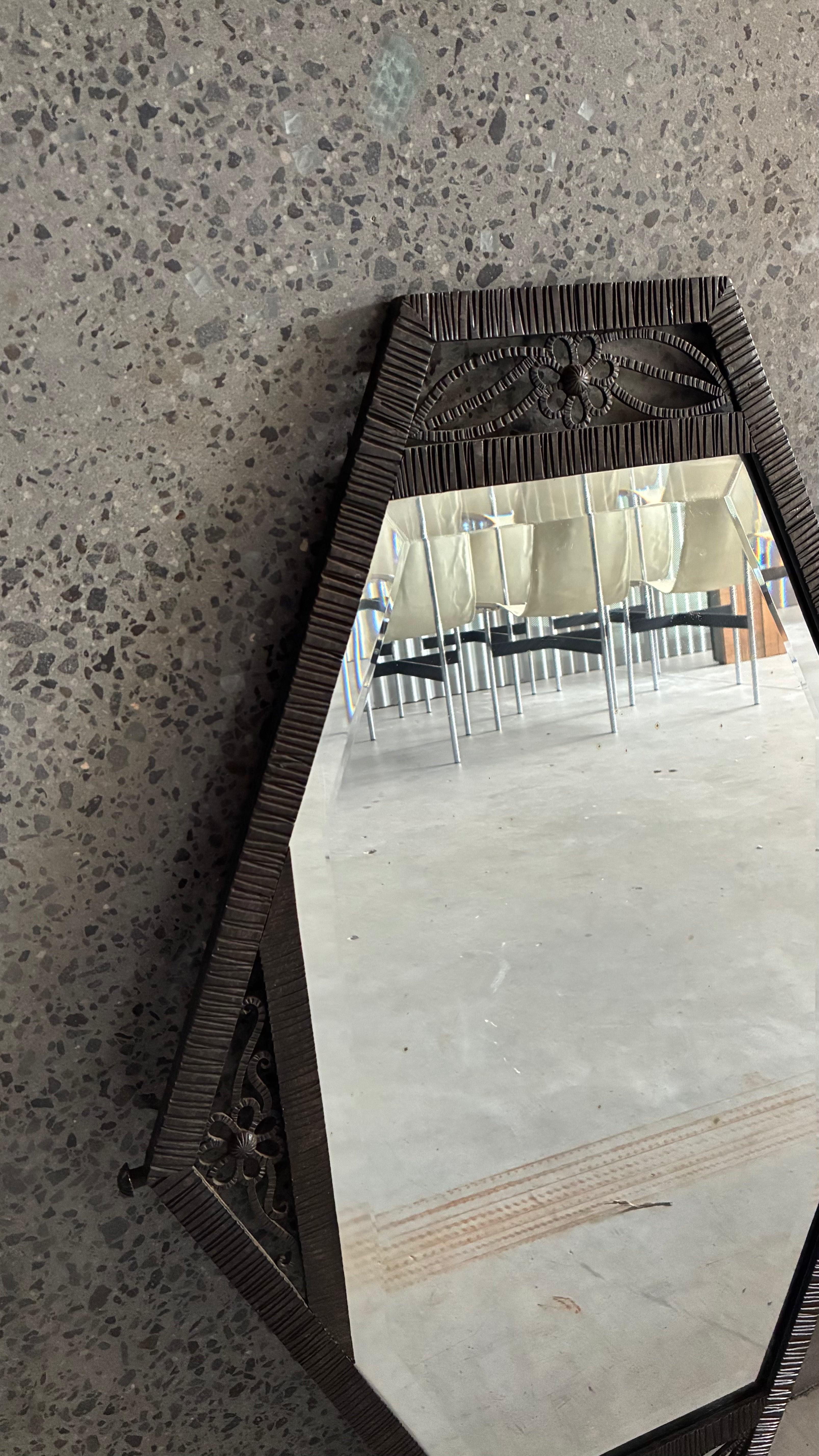 FRENCH ART DECO WROUGHT IRON HEXAGONAL MIRROR