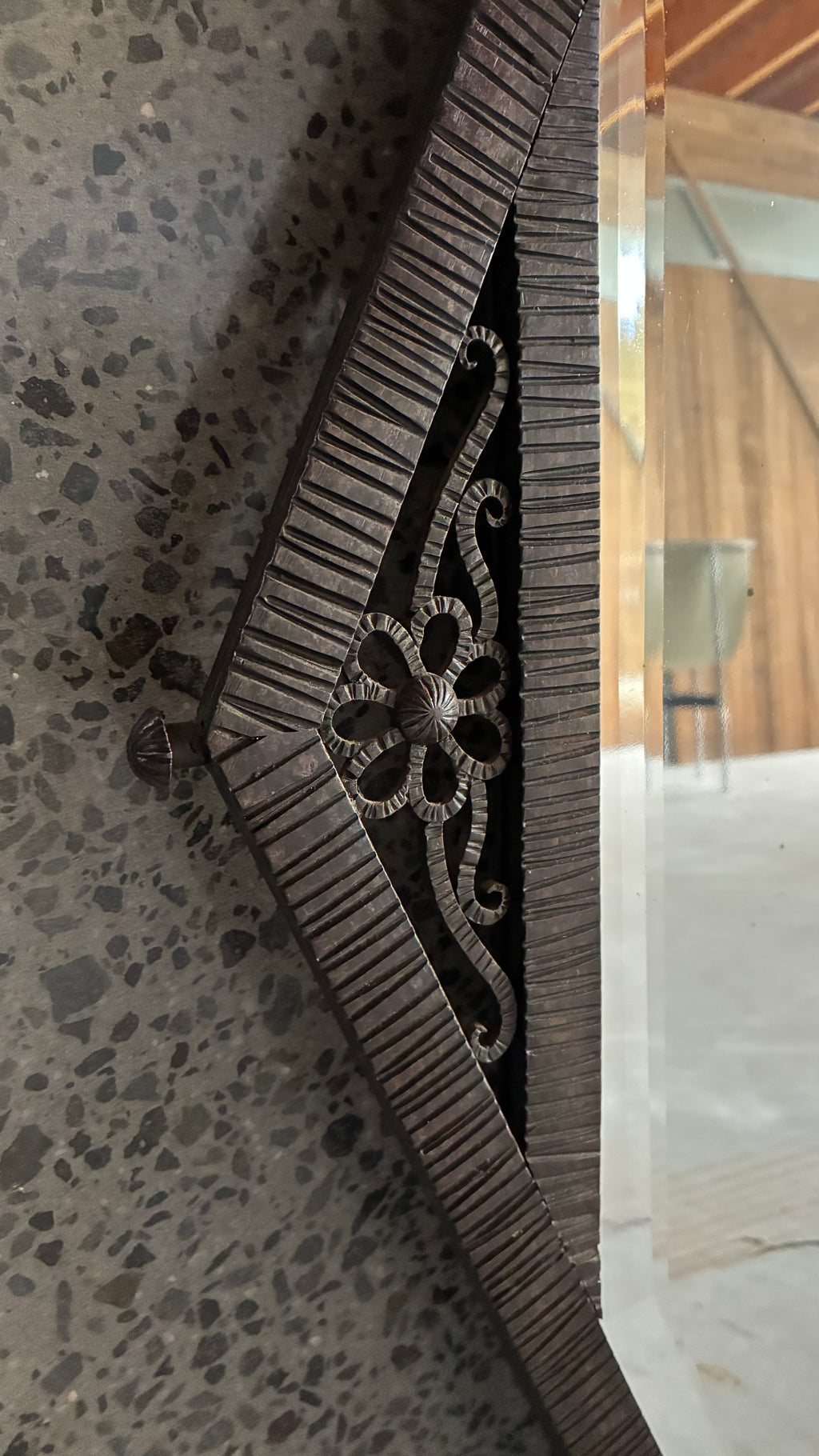FRENCH ART DECO WROUGHT IRON HEXAGONAL MIRROR