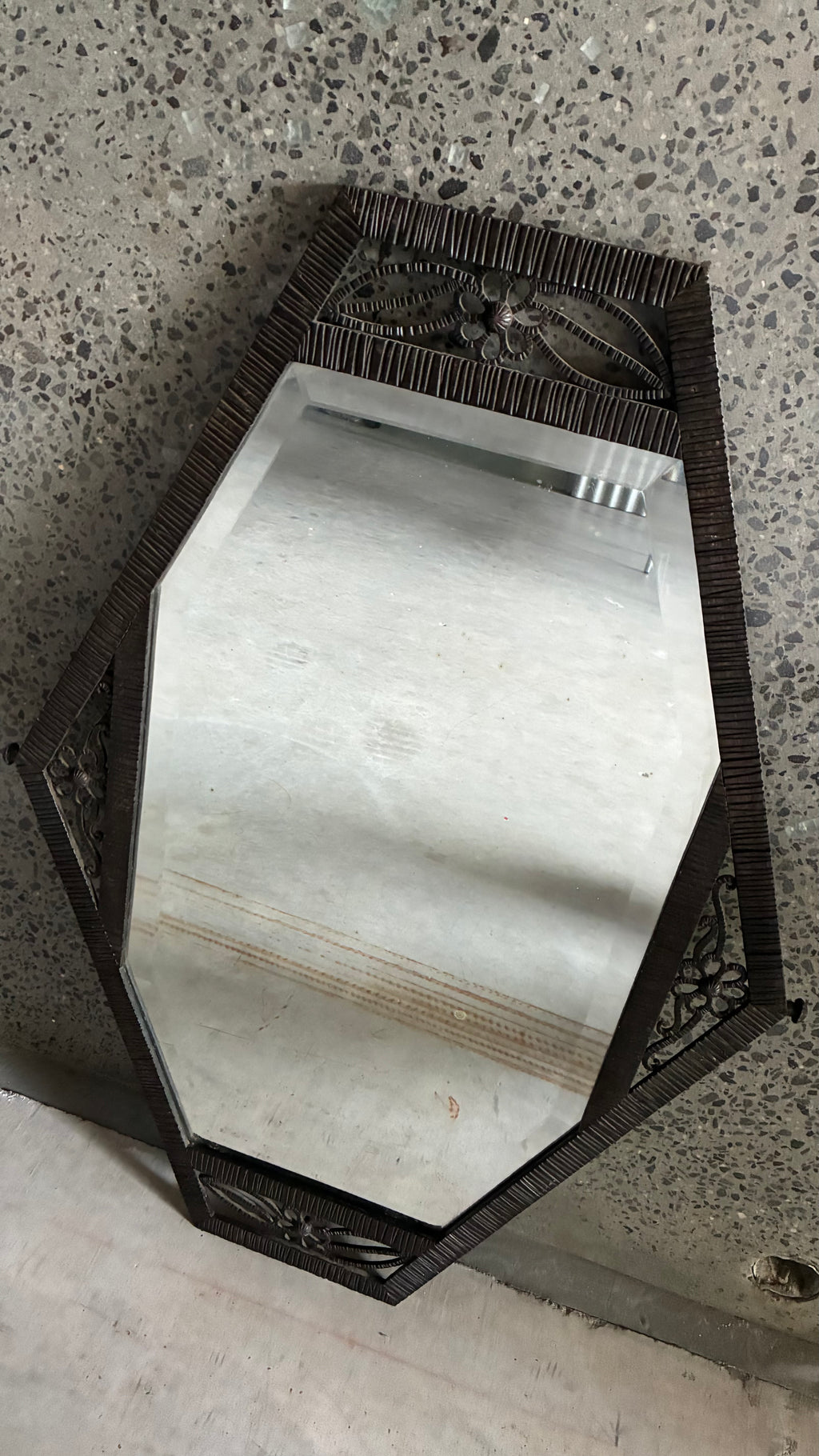 FRENCH ART DECO WROUGHT IRON HEXAGONAL MIRROR