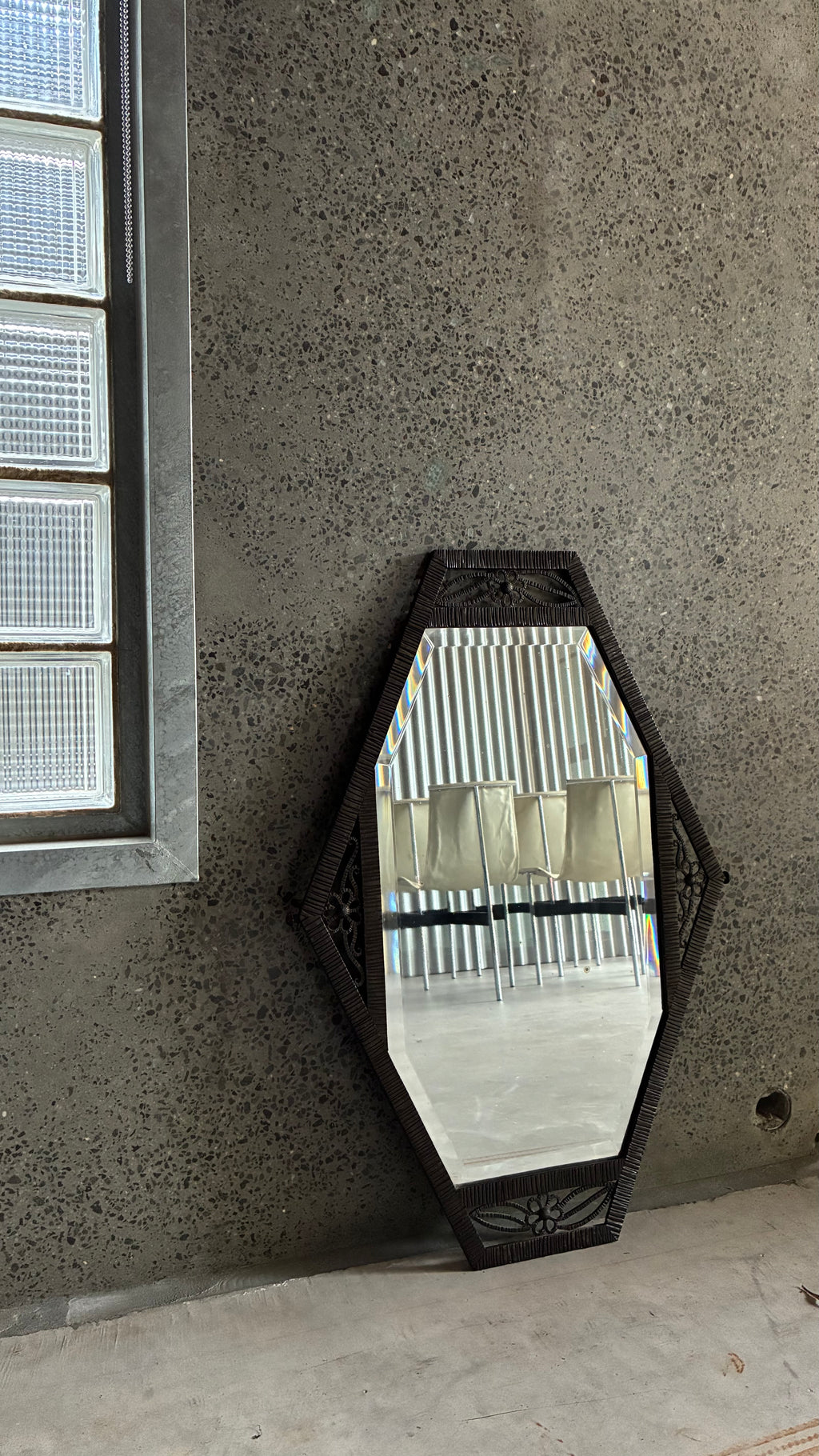 FRENCH ART DECO WROUGHT IRON HEXAGONAL MIRROR