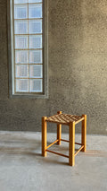 WOODEN STOOL WITH WOVEN RATTAN CORD SEAT