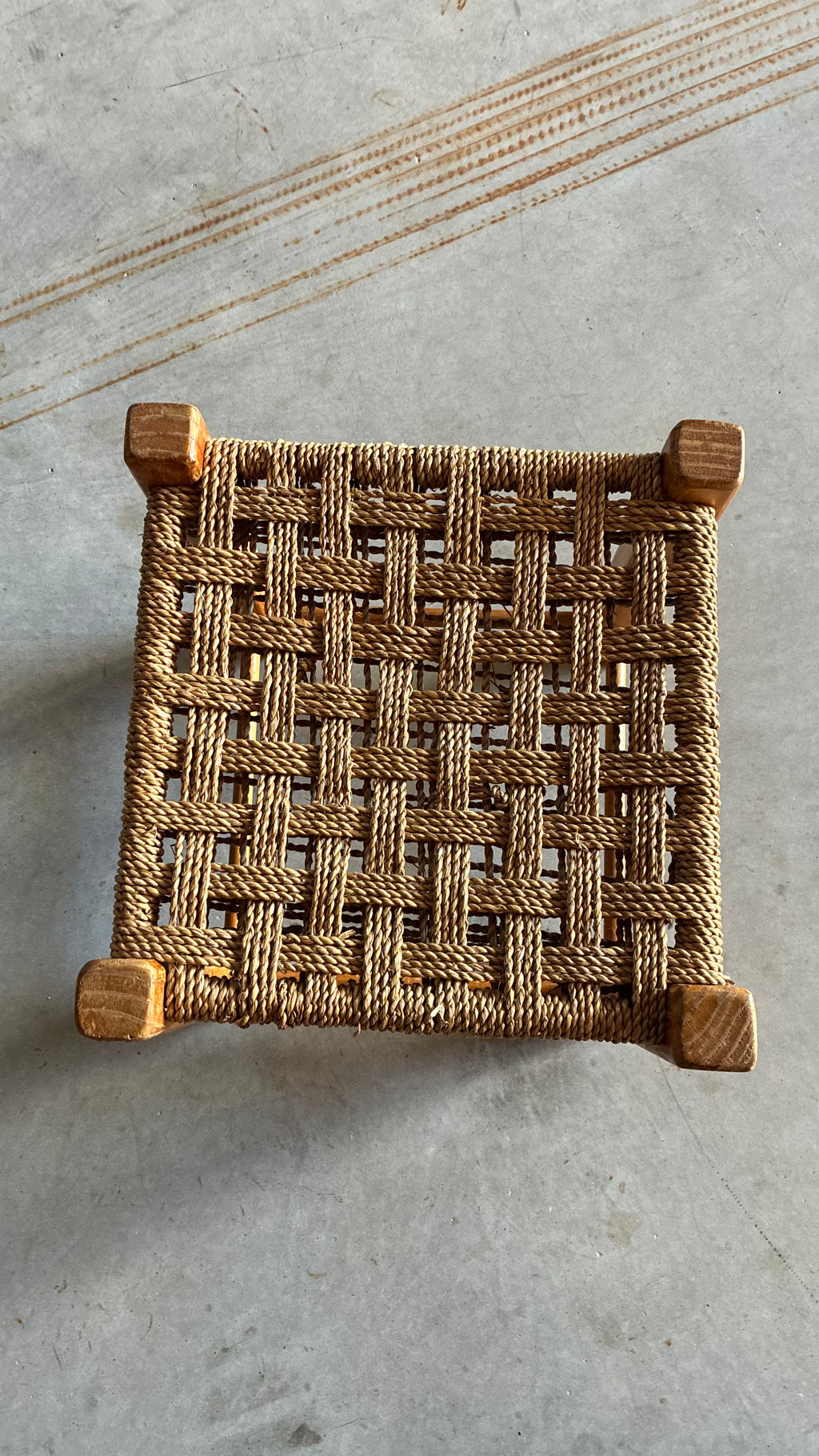 WOODEN STOOL WITH WOVEN RATTAN CORD SEAT