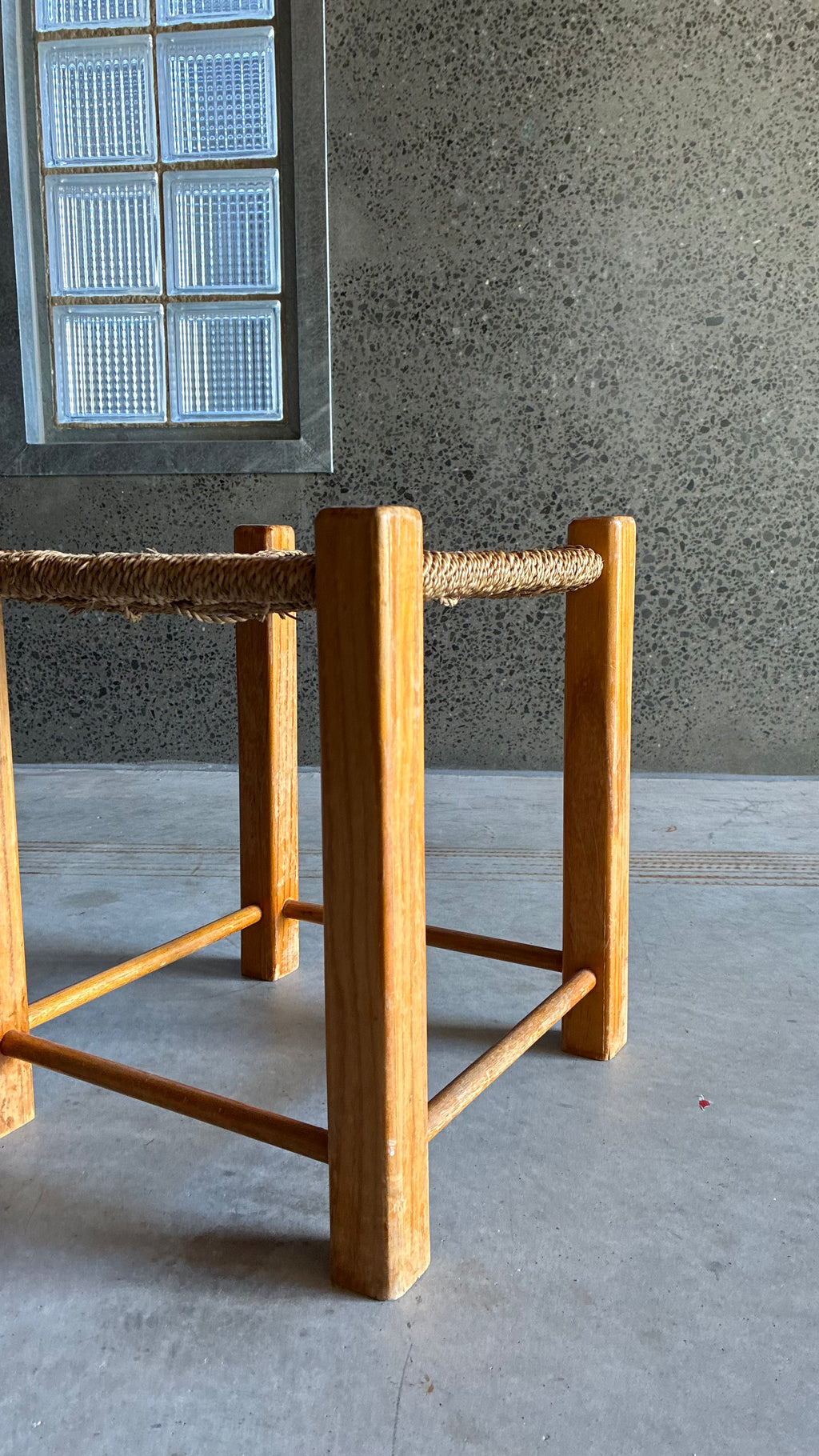WOODEN STOOL WITH WOVEN RATTAN CORD SEAT