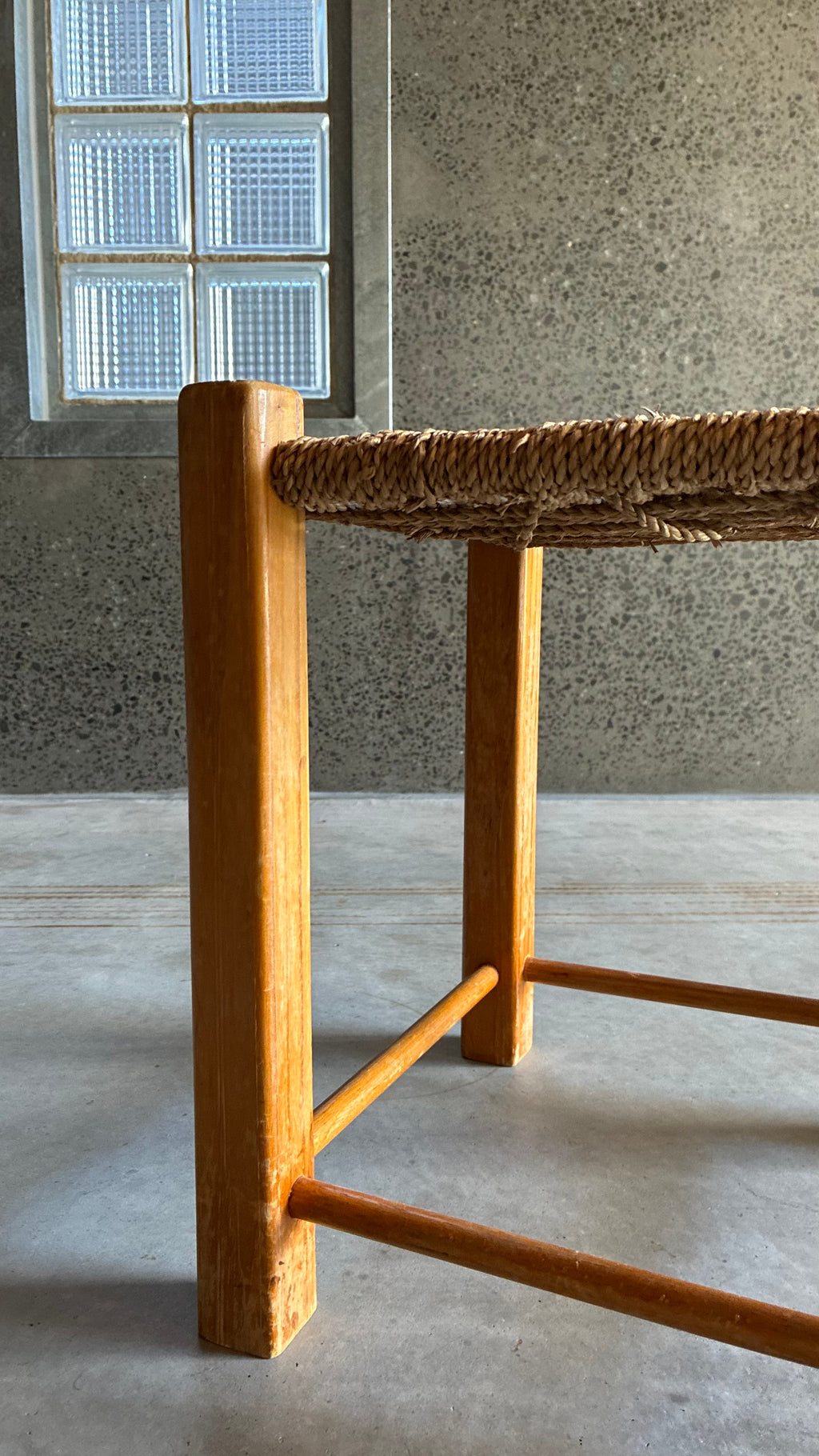 WOODEN STOOL WITH WOVEN RATTAN CORD SEAT
