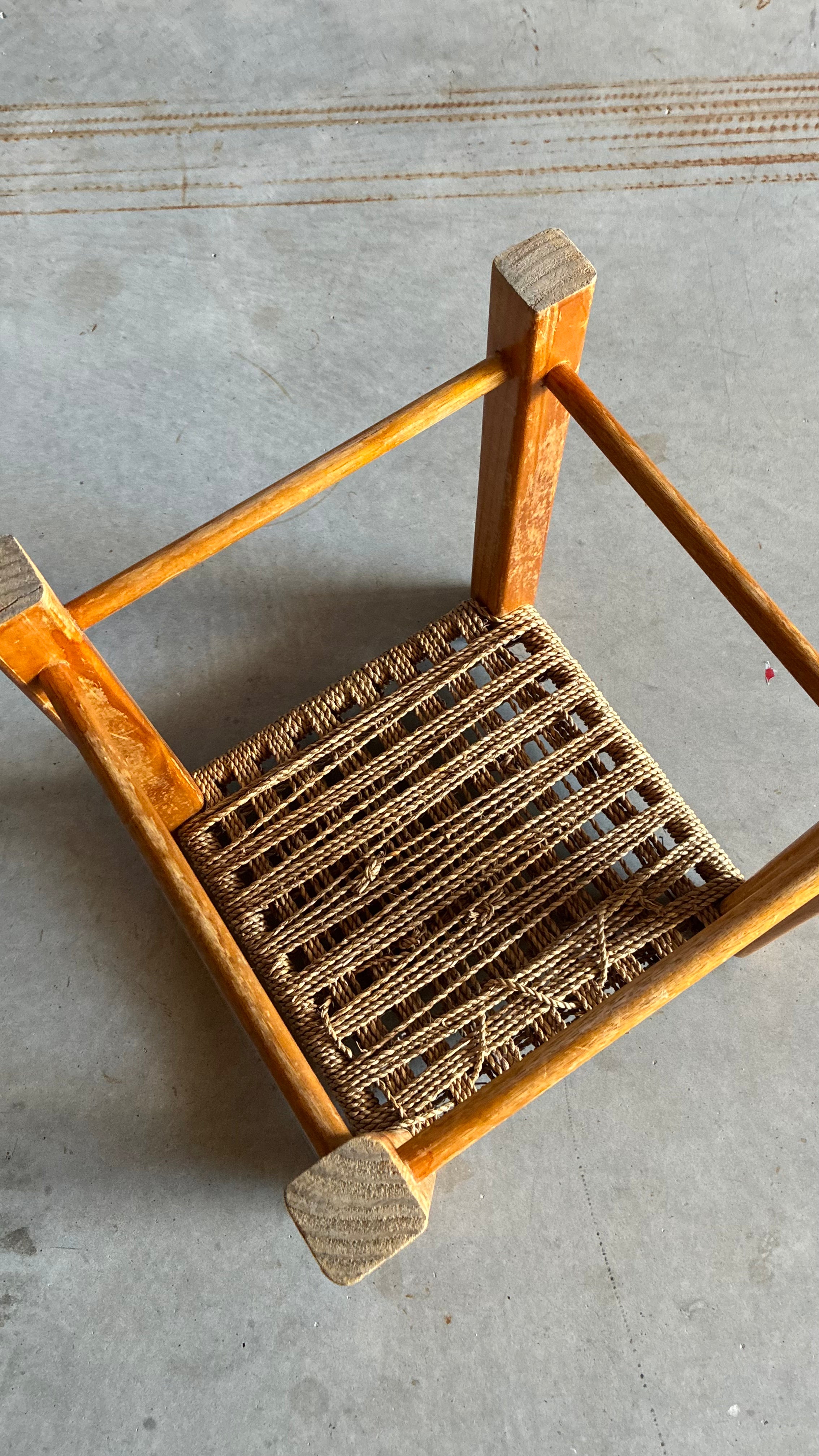 WOODEN STOOL WITH WOVEN RATTAN CORD SEAT