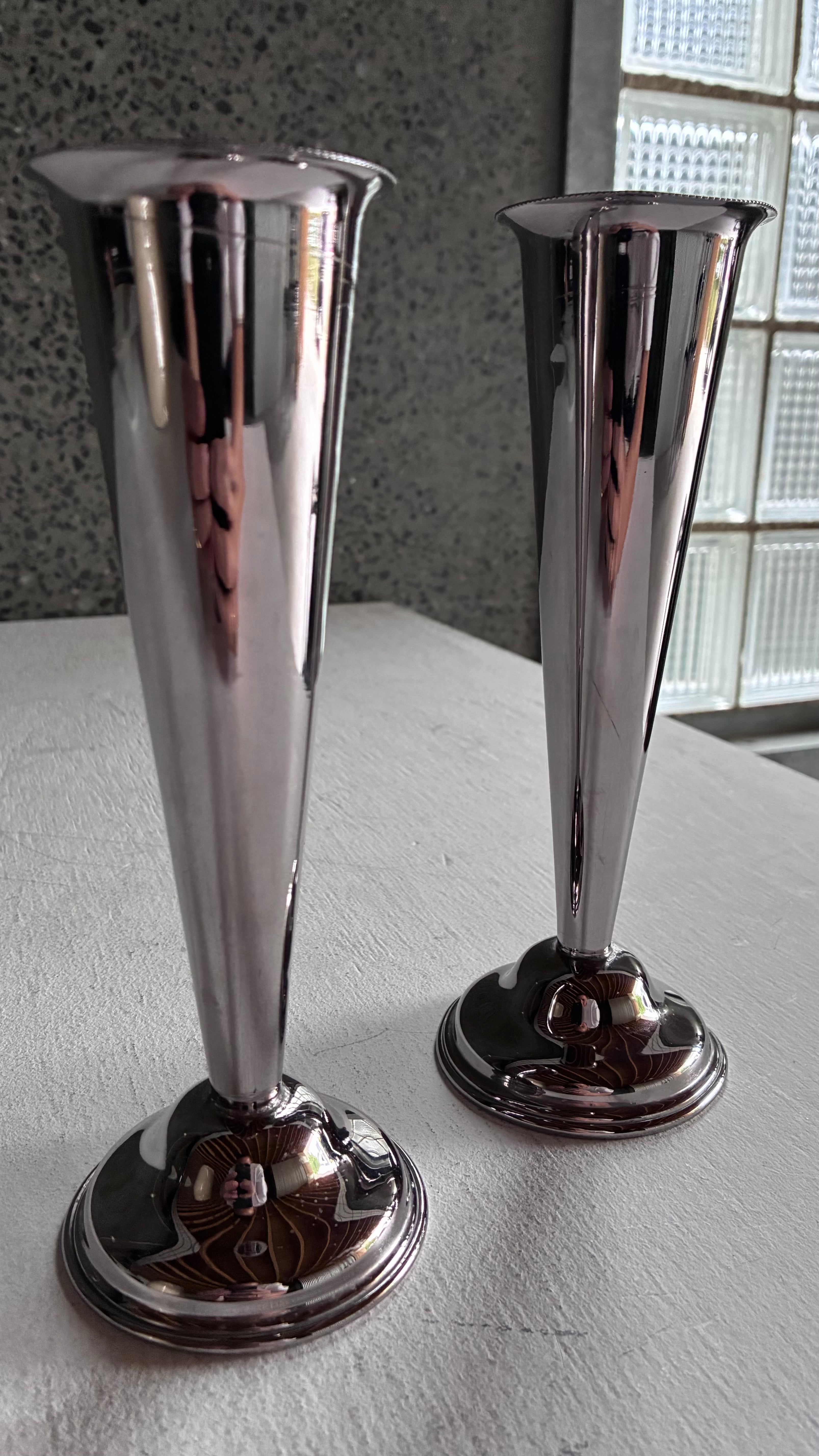 ART DECO STIRLING SILVER PLATED POSY VASES (PAIR)