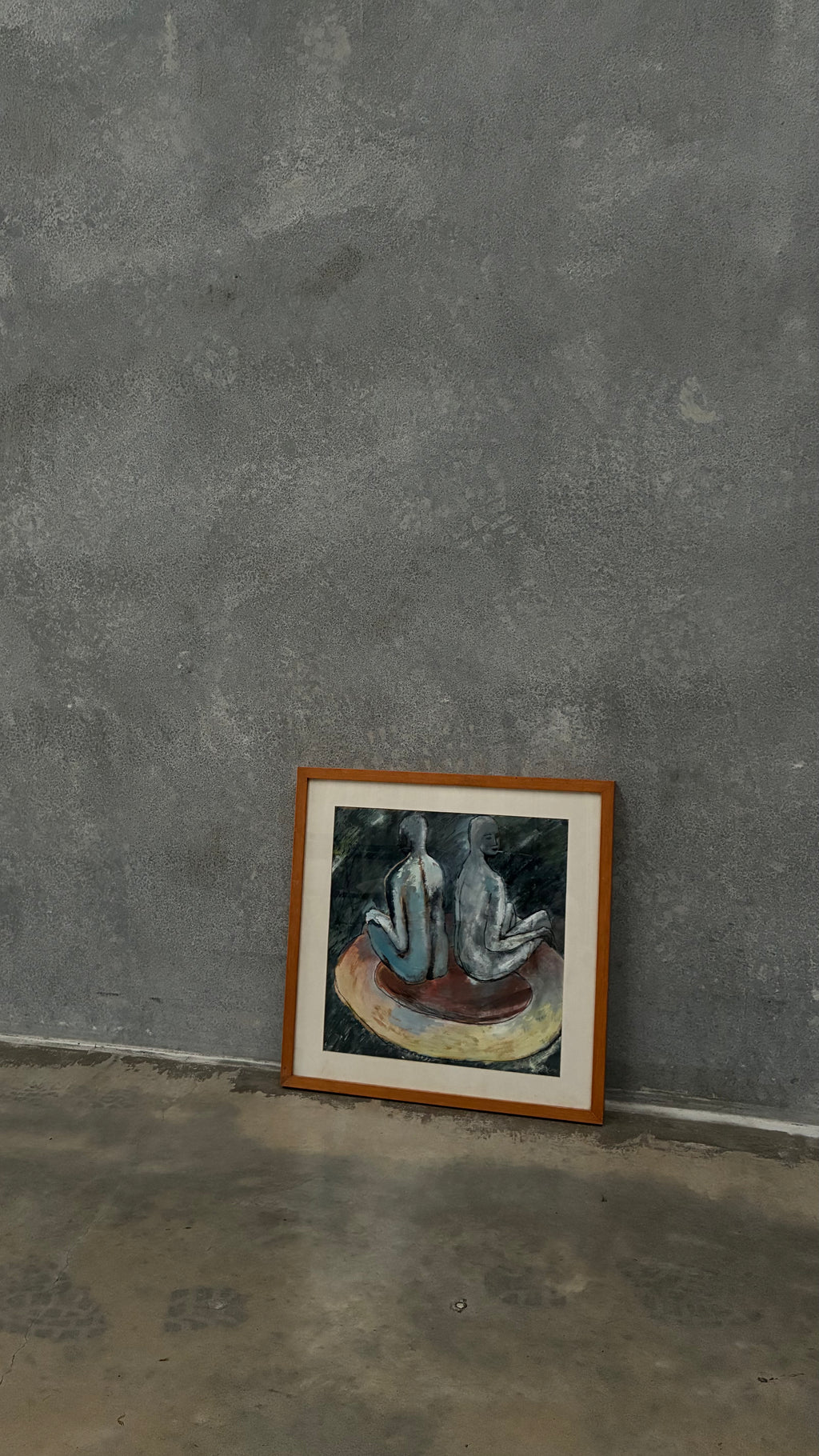 Framed figurative oil pastel 1980s