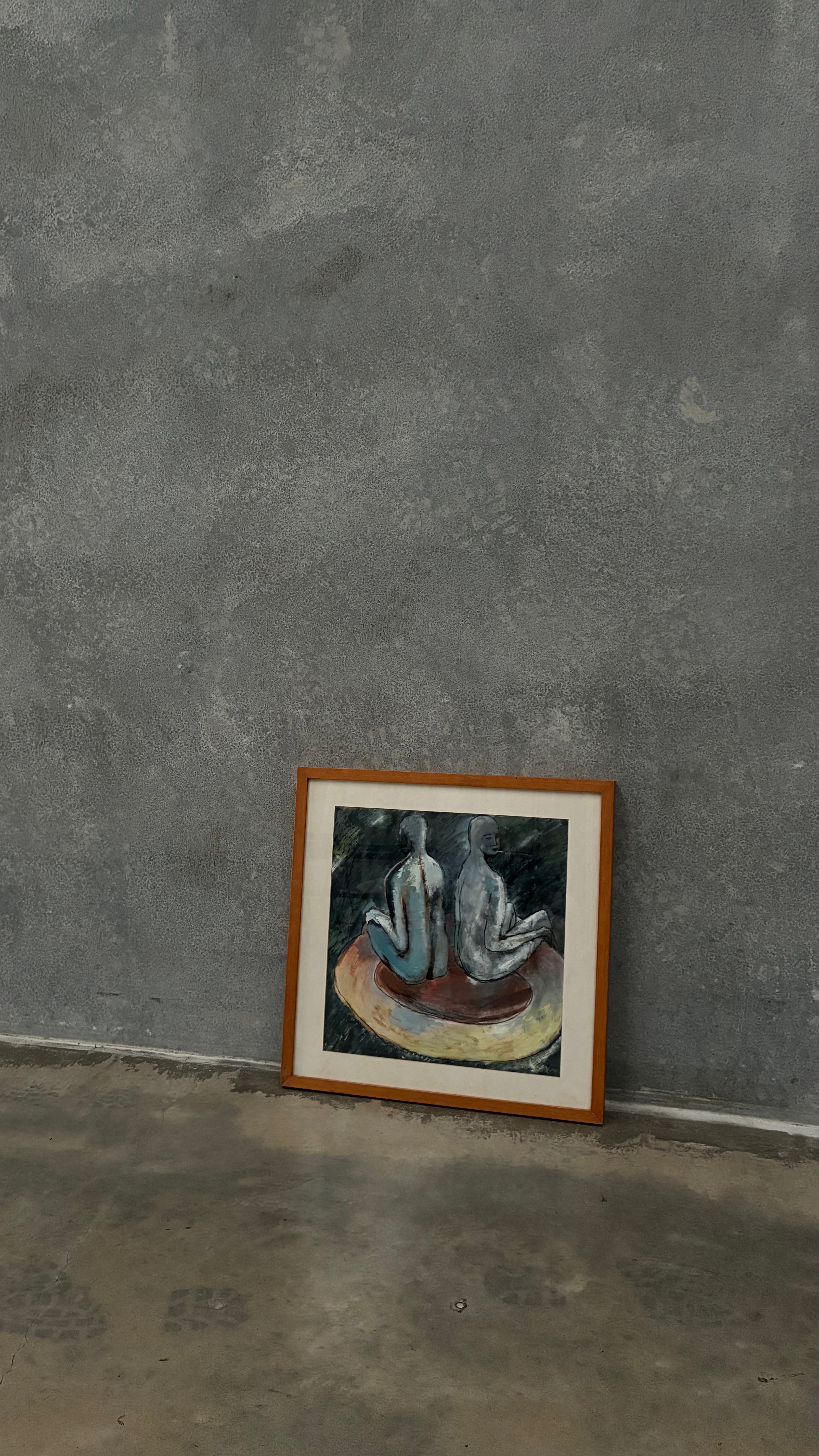 Framed figurative oil pastel 1980s