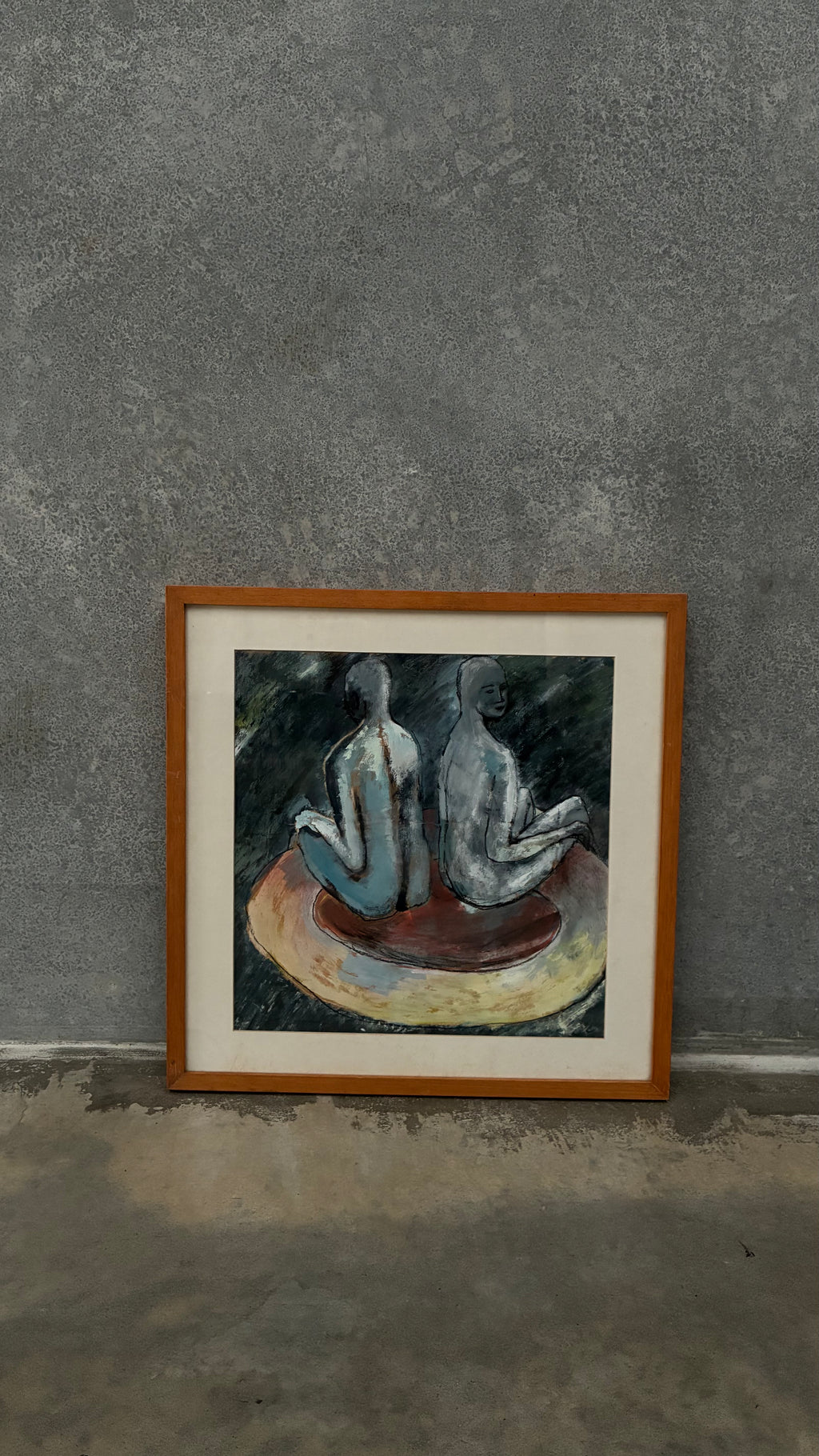 Framed figurative oil pastel 1980s
