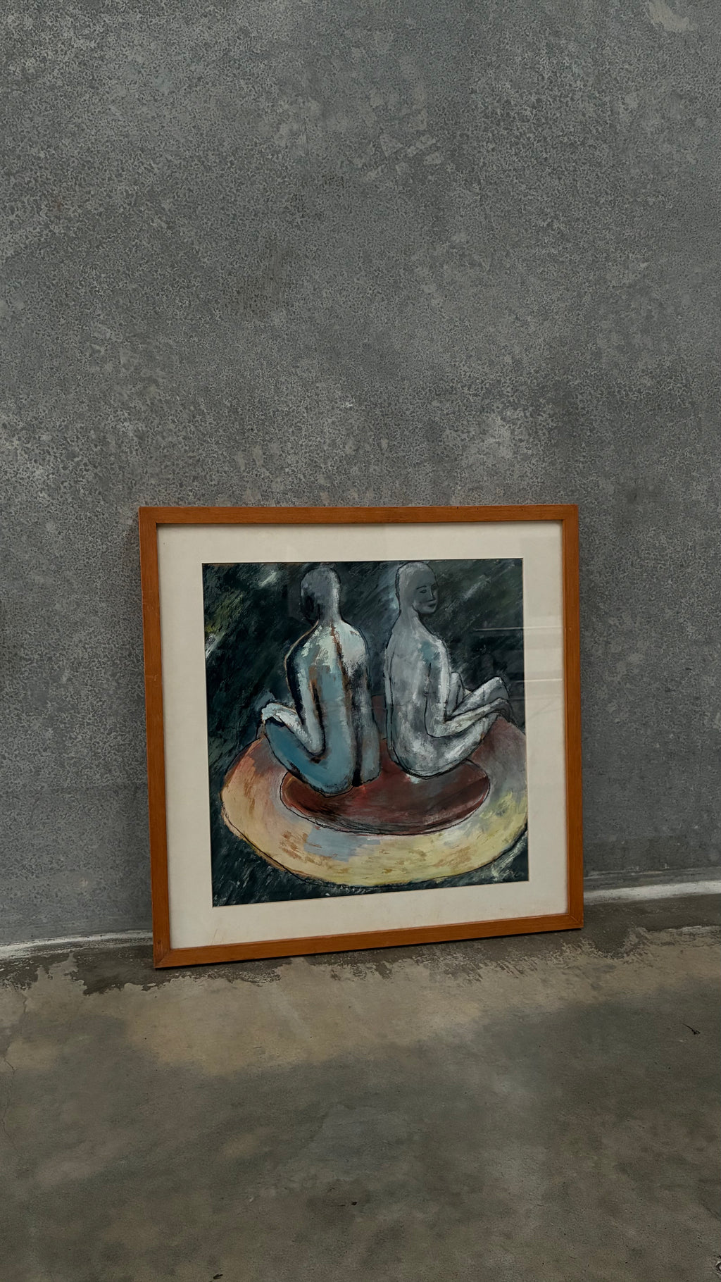Framed figurative oil pastel 1980s