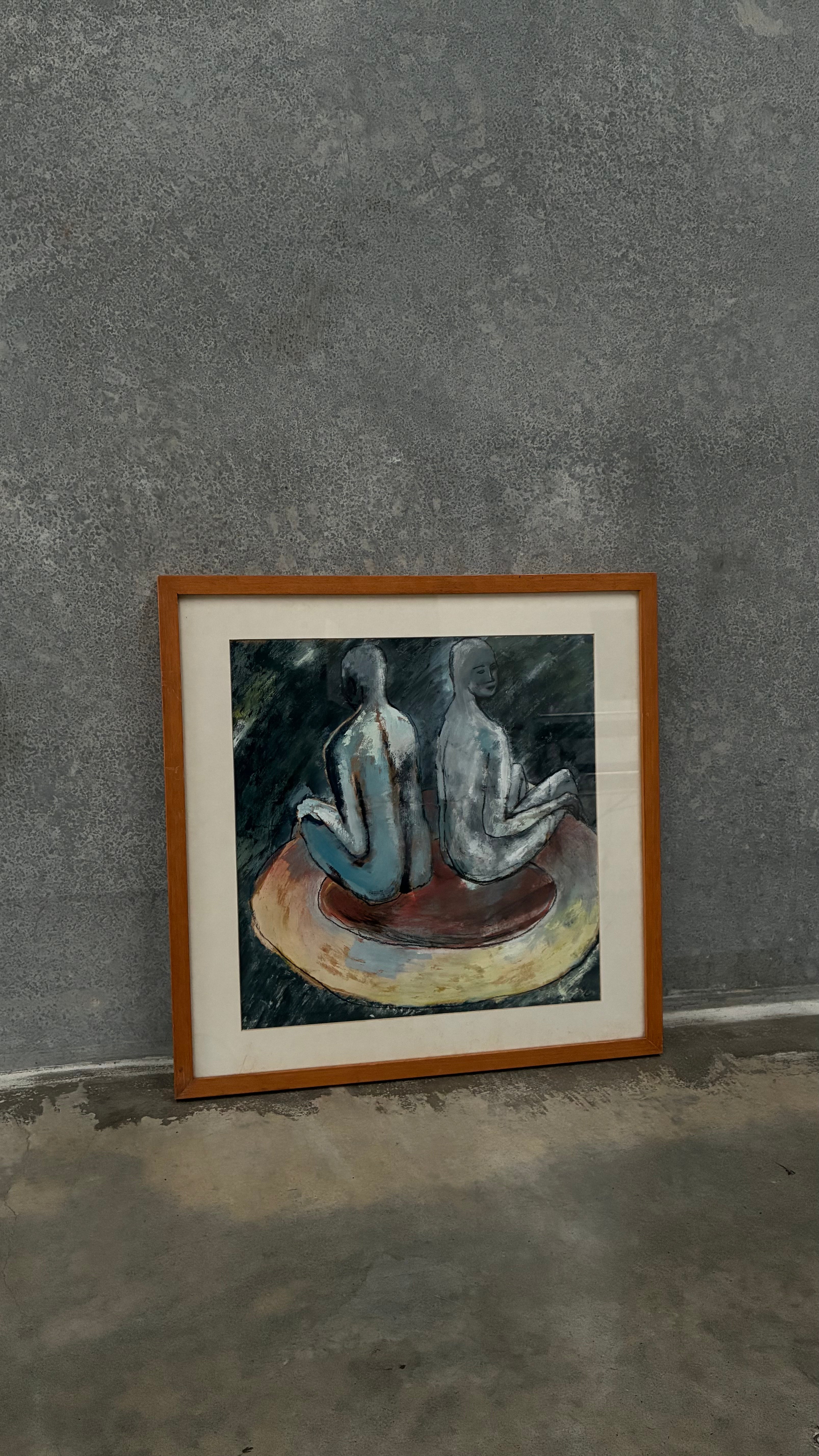 Framed figurative oil pastel 1980s