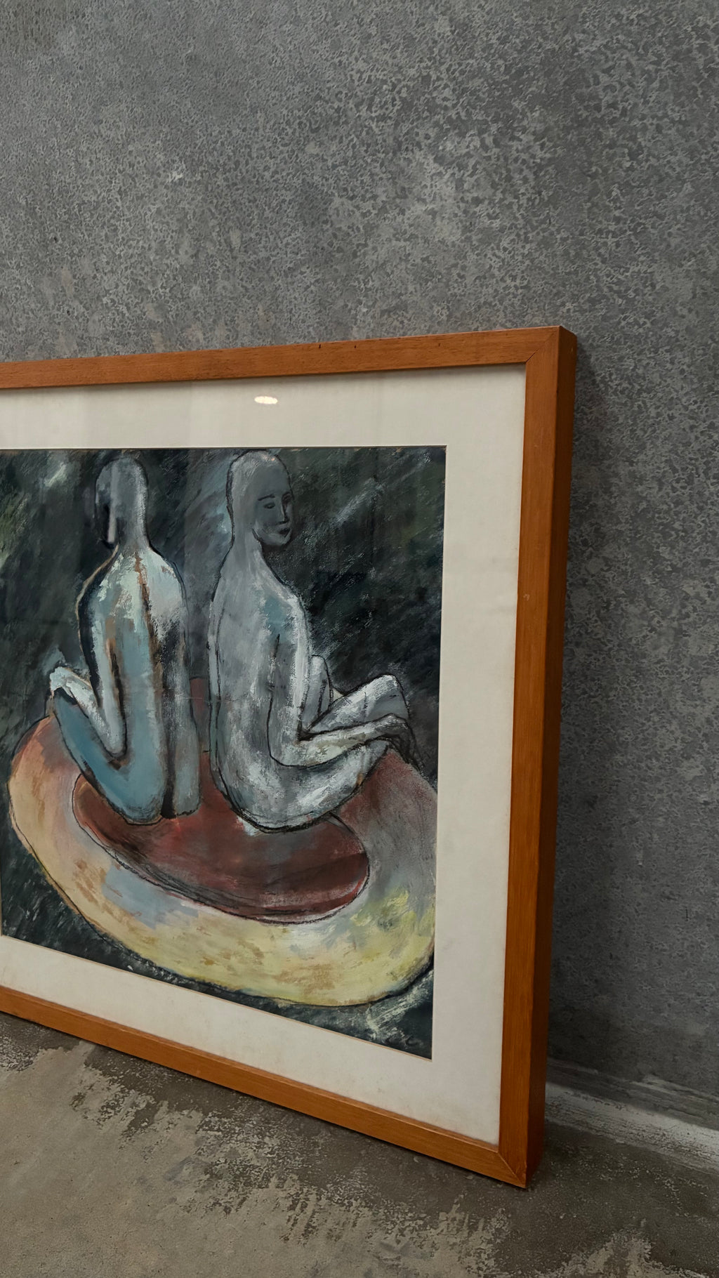 Framed figurative oil pastel 1980s