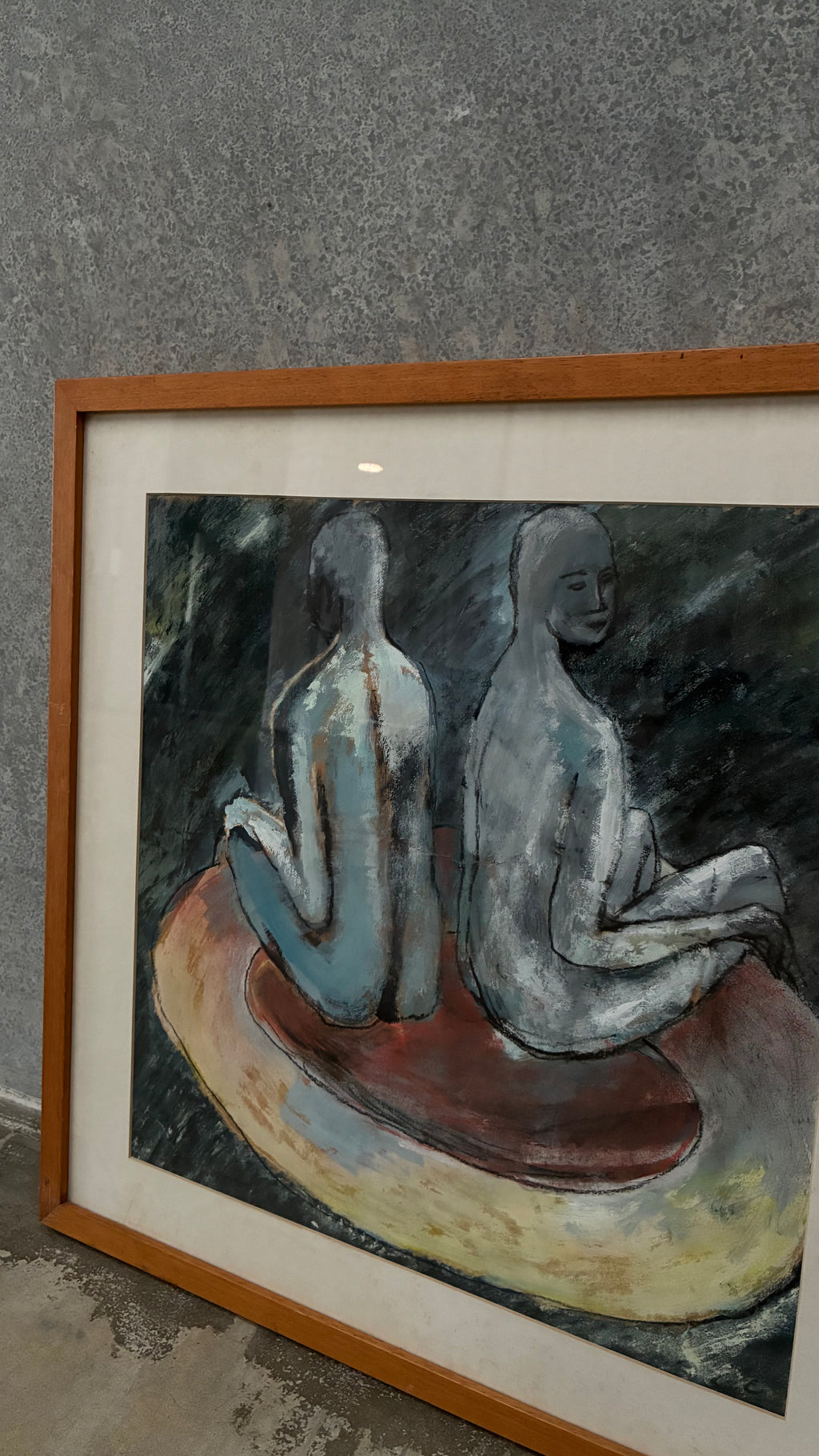 Framed figurative oil pastel 1980s