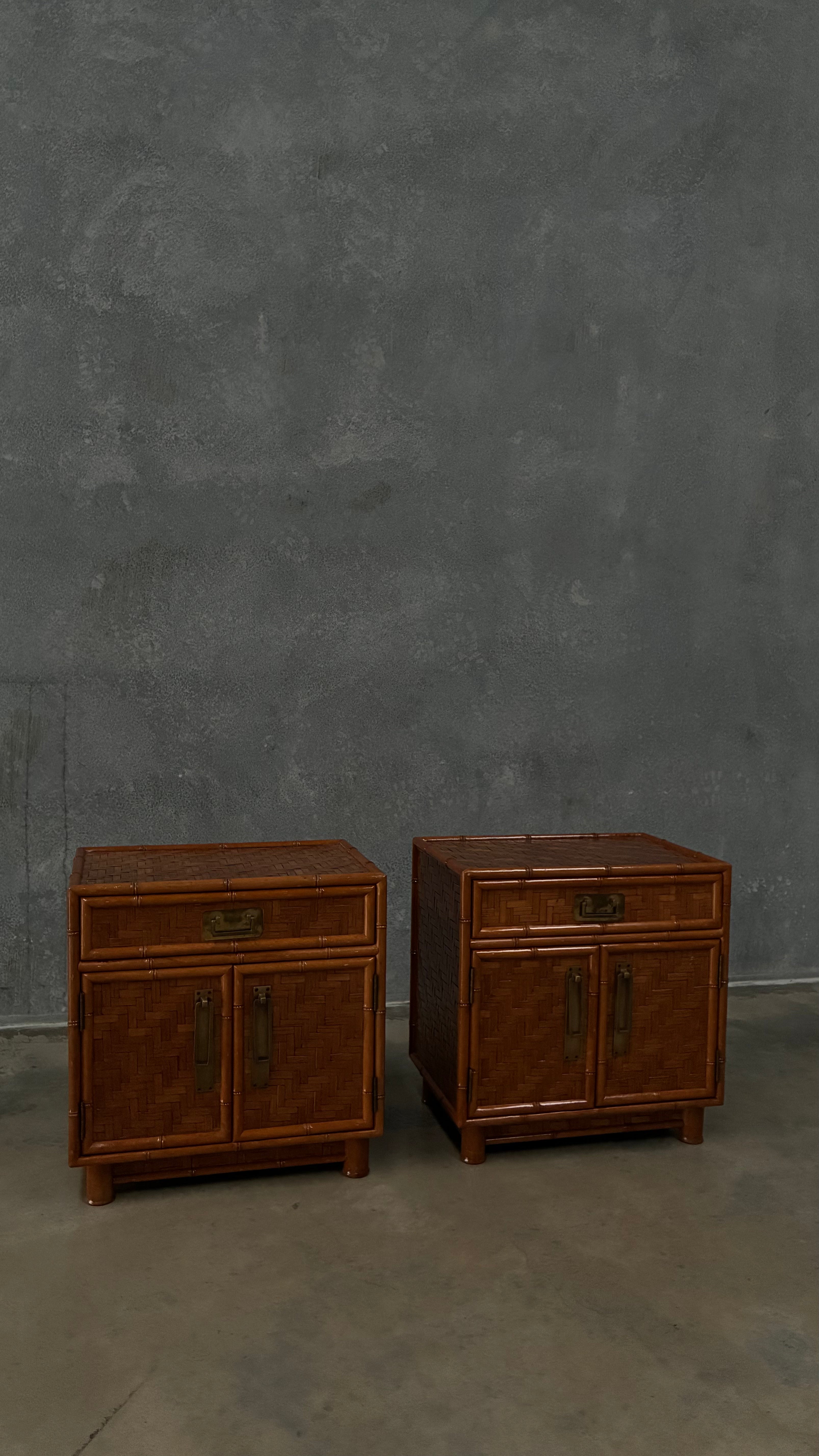 Woven Rattan Bedside Cabinets Pair 1970s