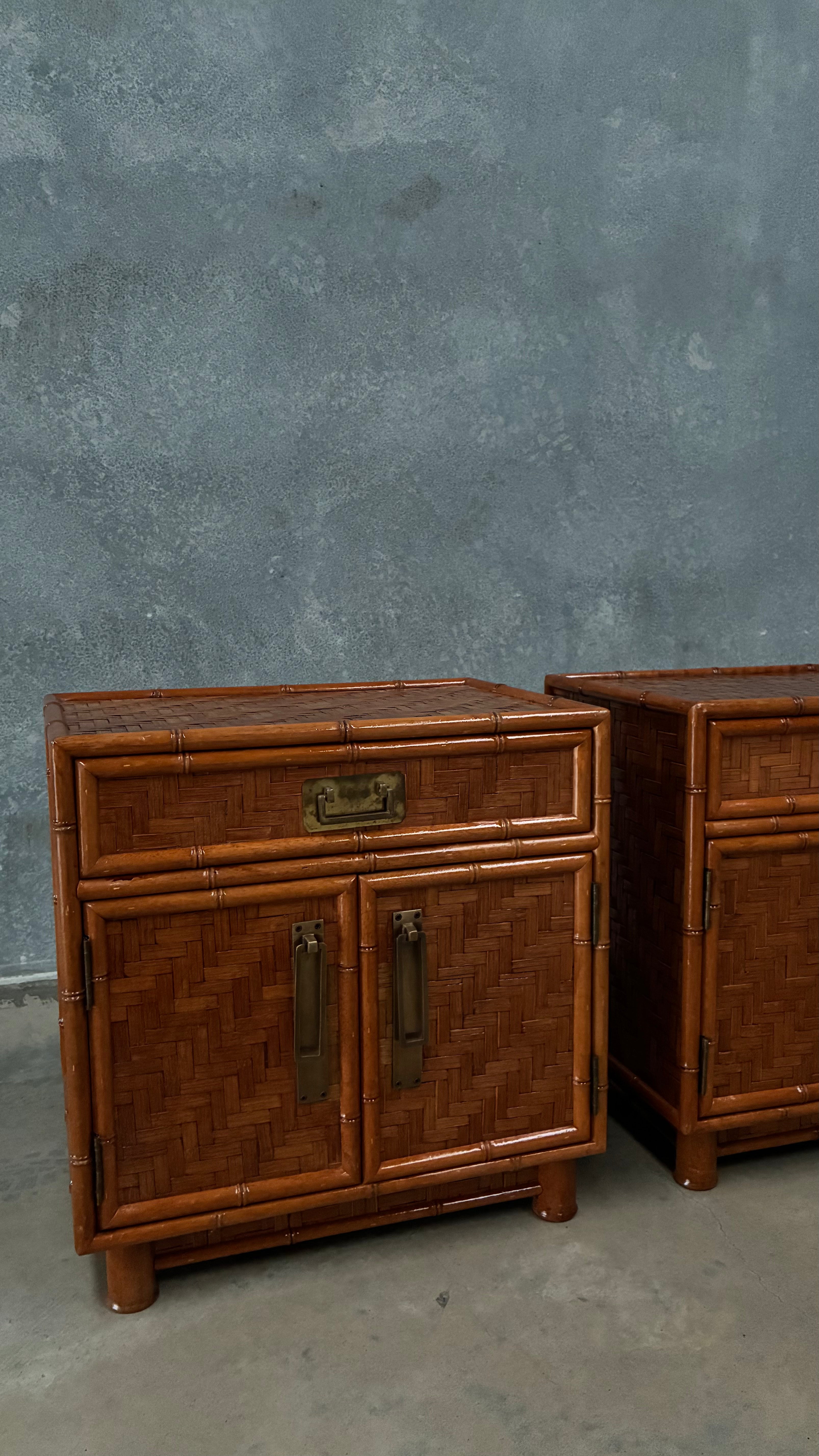 Woven Rattan Bedside Cabinets Pair 1970s