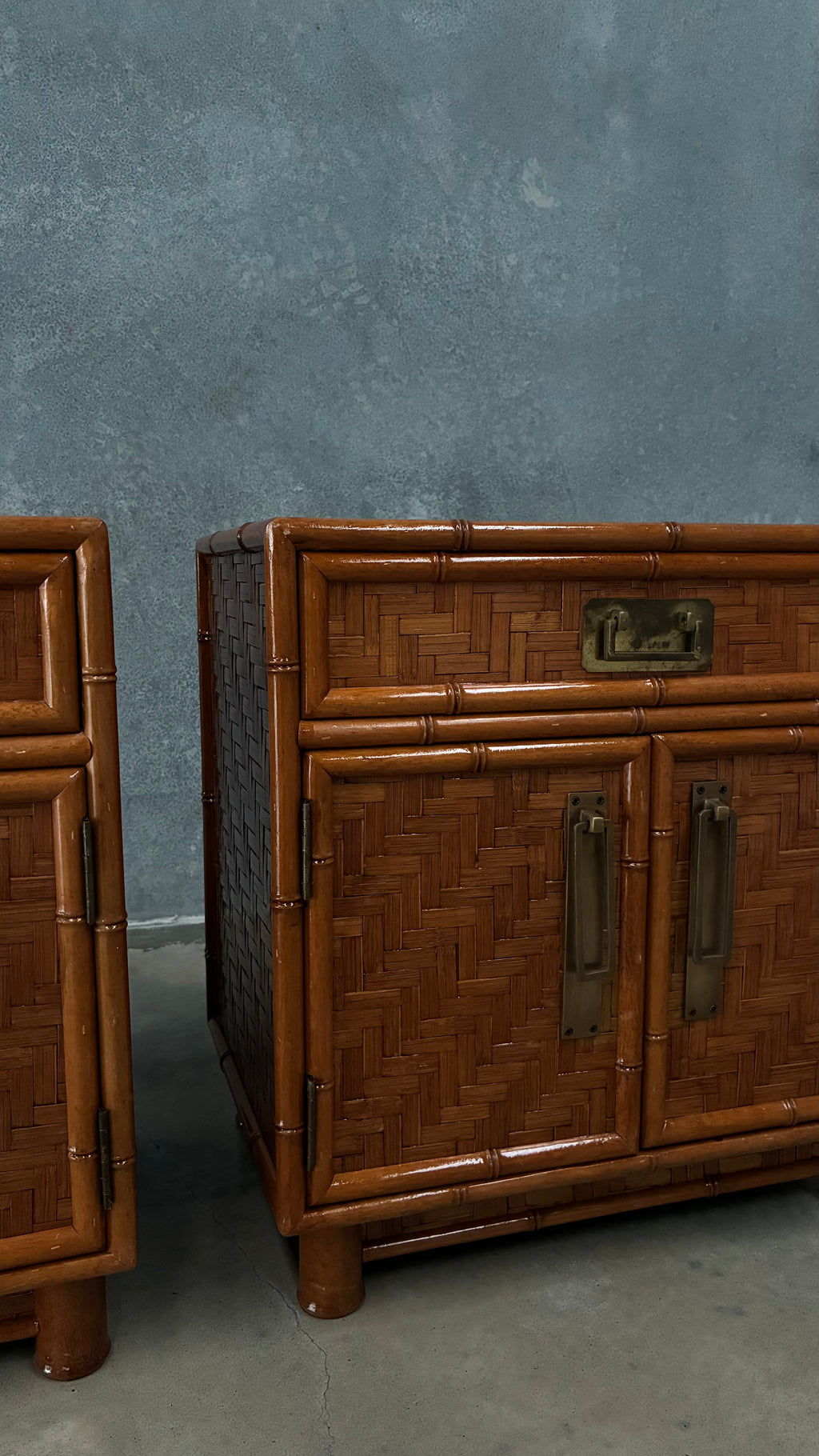 Woven Rattan Bedside Cabinets Pair 1970s