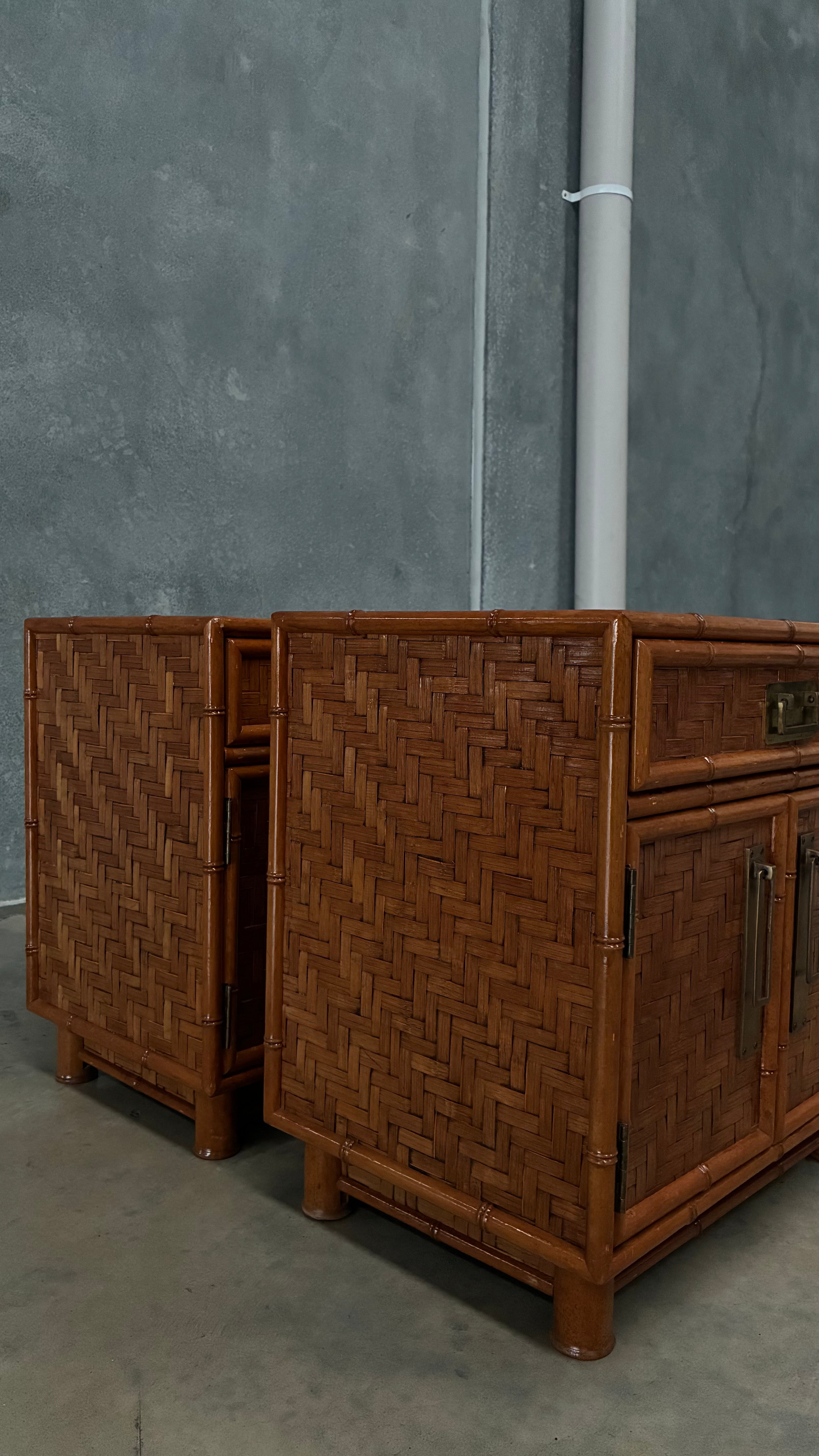 Woven Rattan Bedside Cabinets Pair 1970s