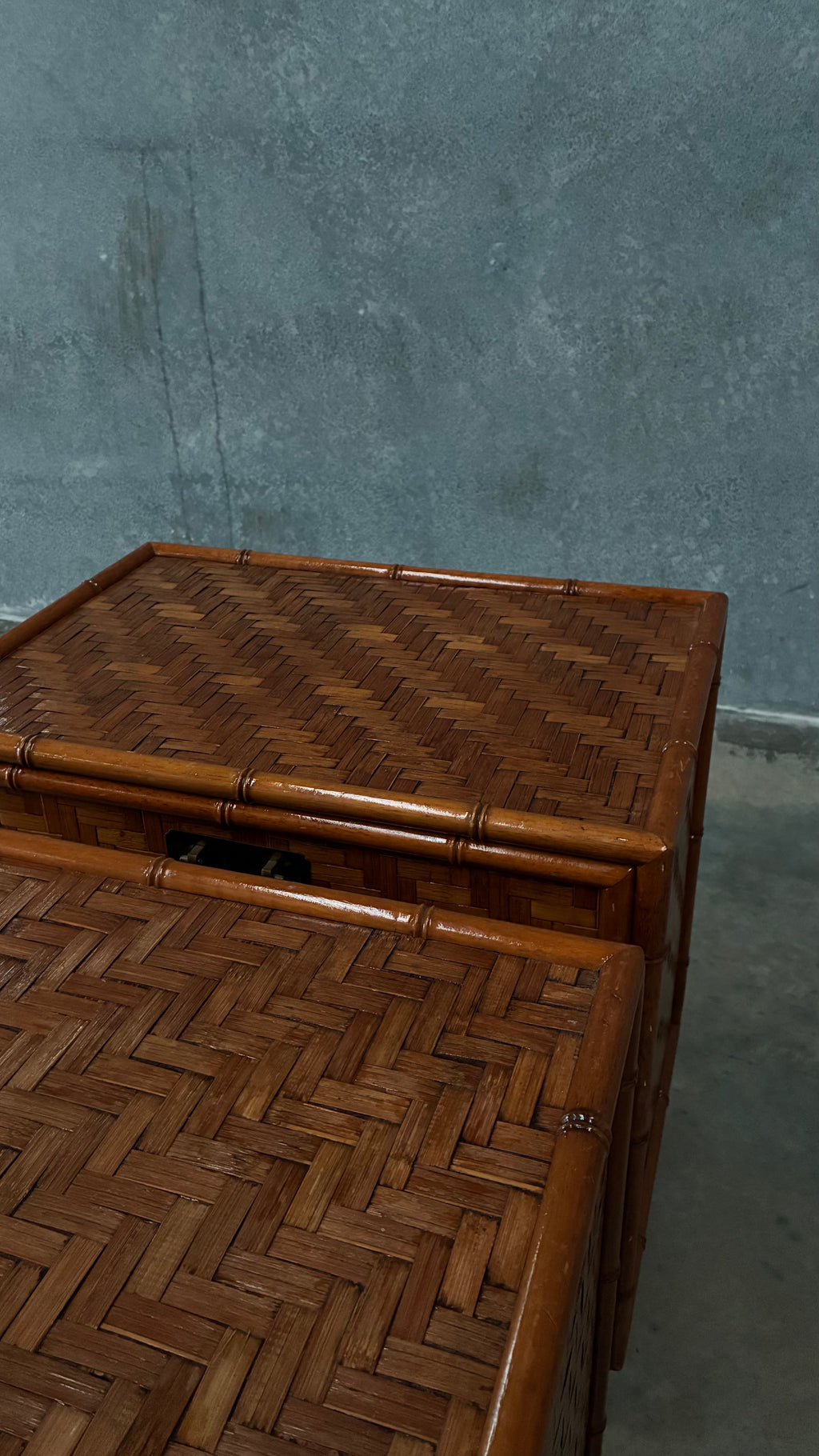Woven Rattan Bedside Cabinets Pair 1970s