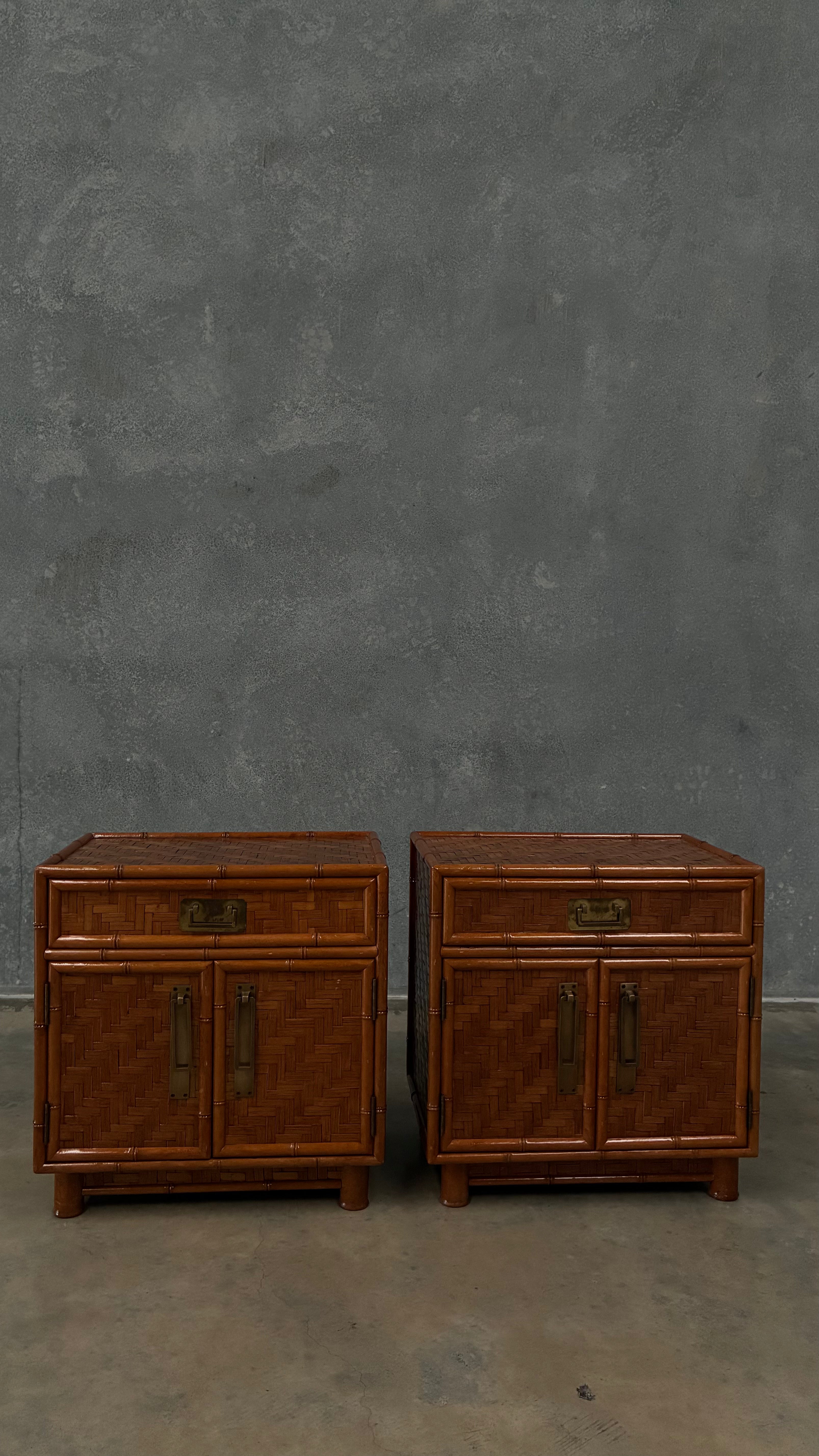 Woven Rattan Bedside Cabinets Pair 1970s