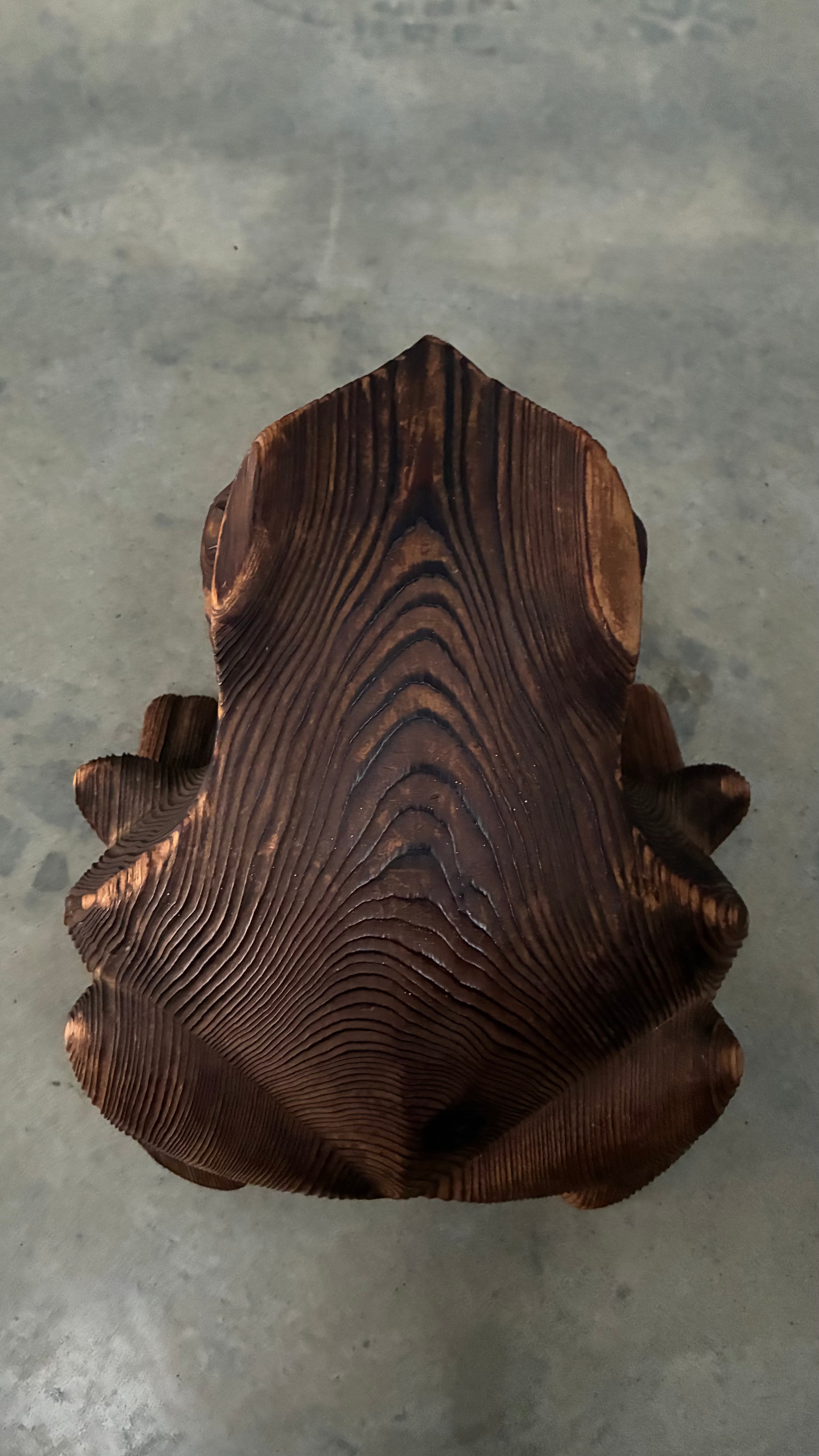 Japanese Carved Cedar Frog Sculpture 1970s