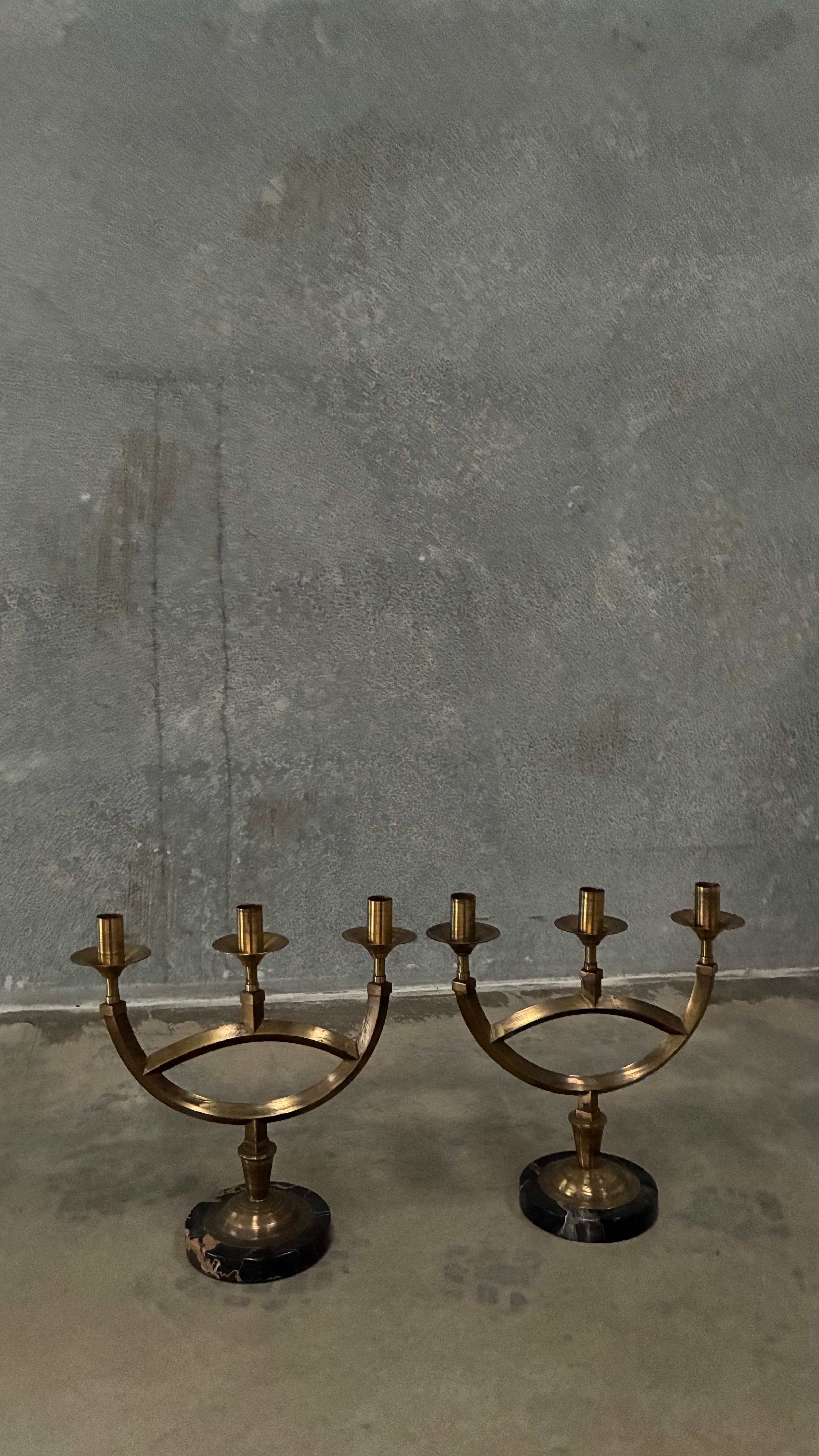 Italian Brass and Marble Candelabra 1970s (Pair)