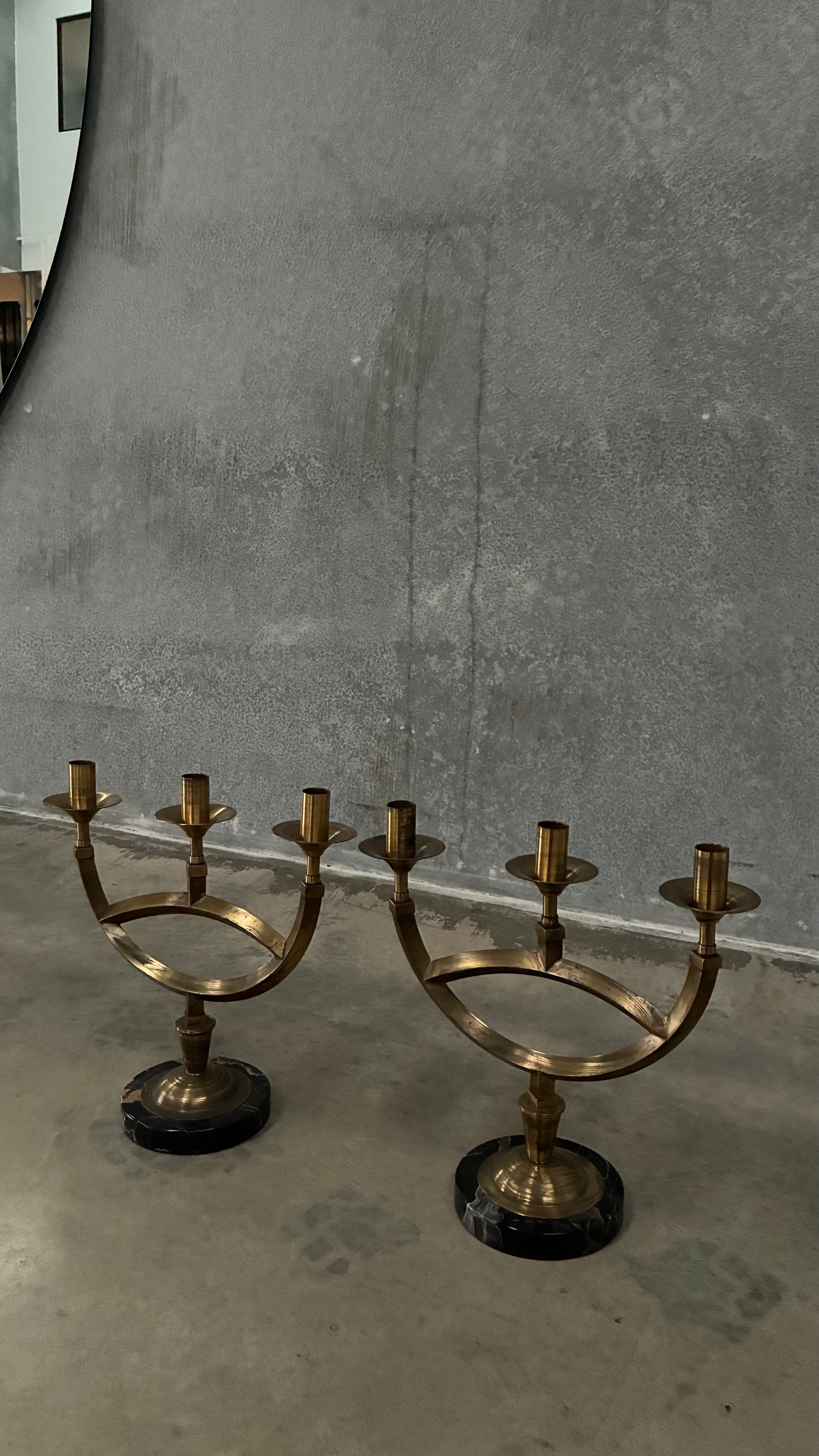 Italian Brass and Marble Candelabra 1970s (Pair)