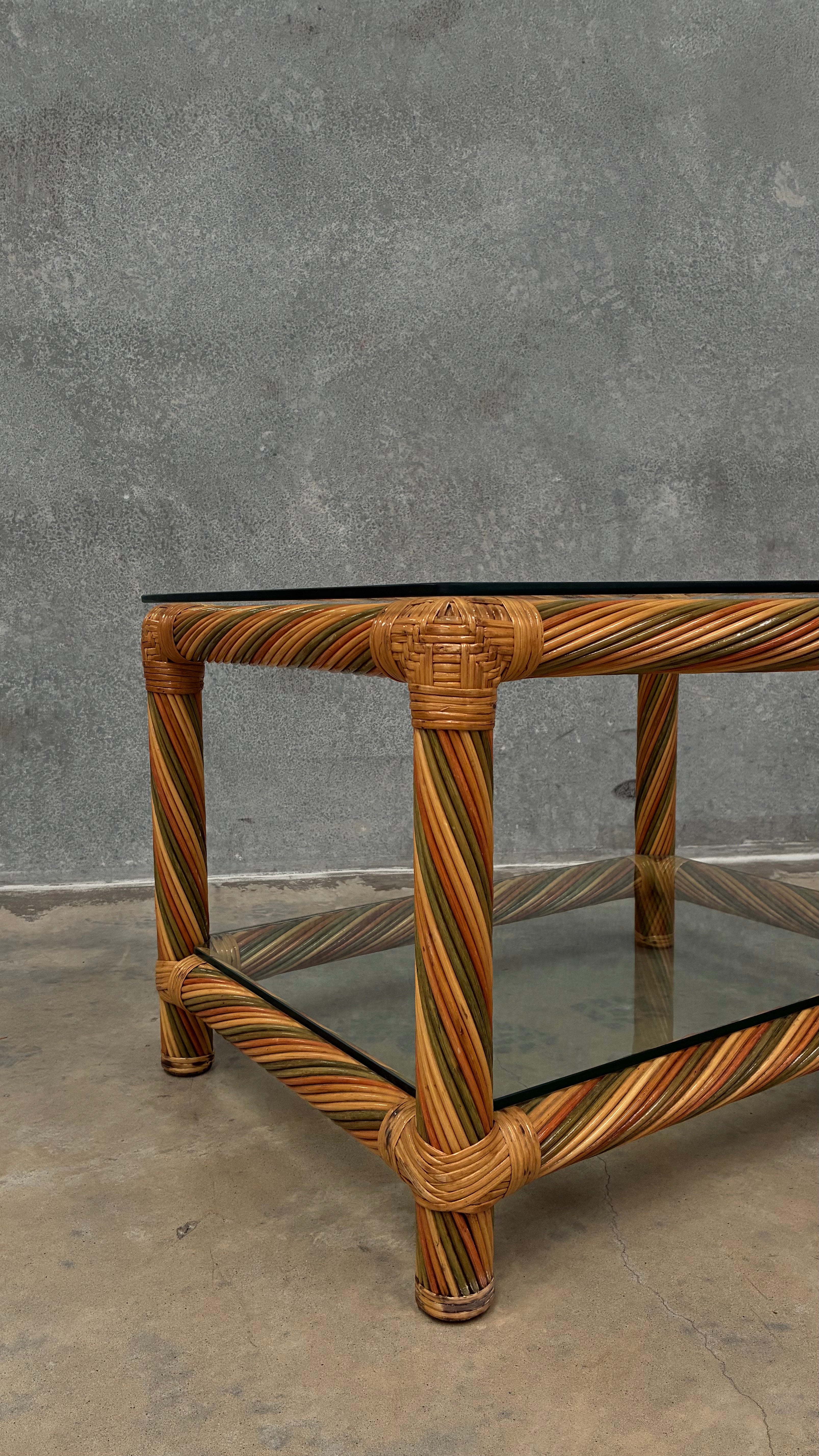 Italian Polychrome rattan and Glass occasional table 1970s
