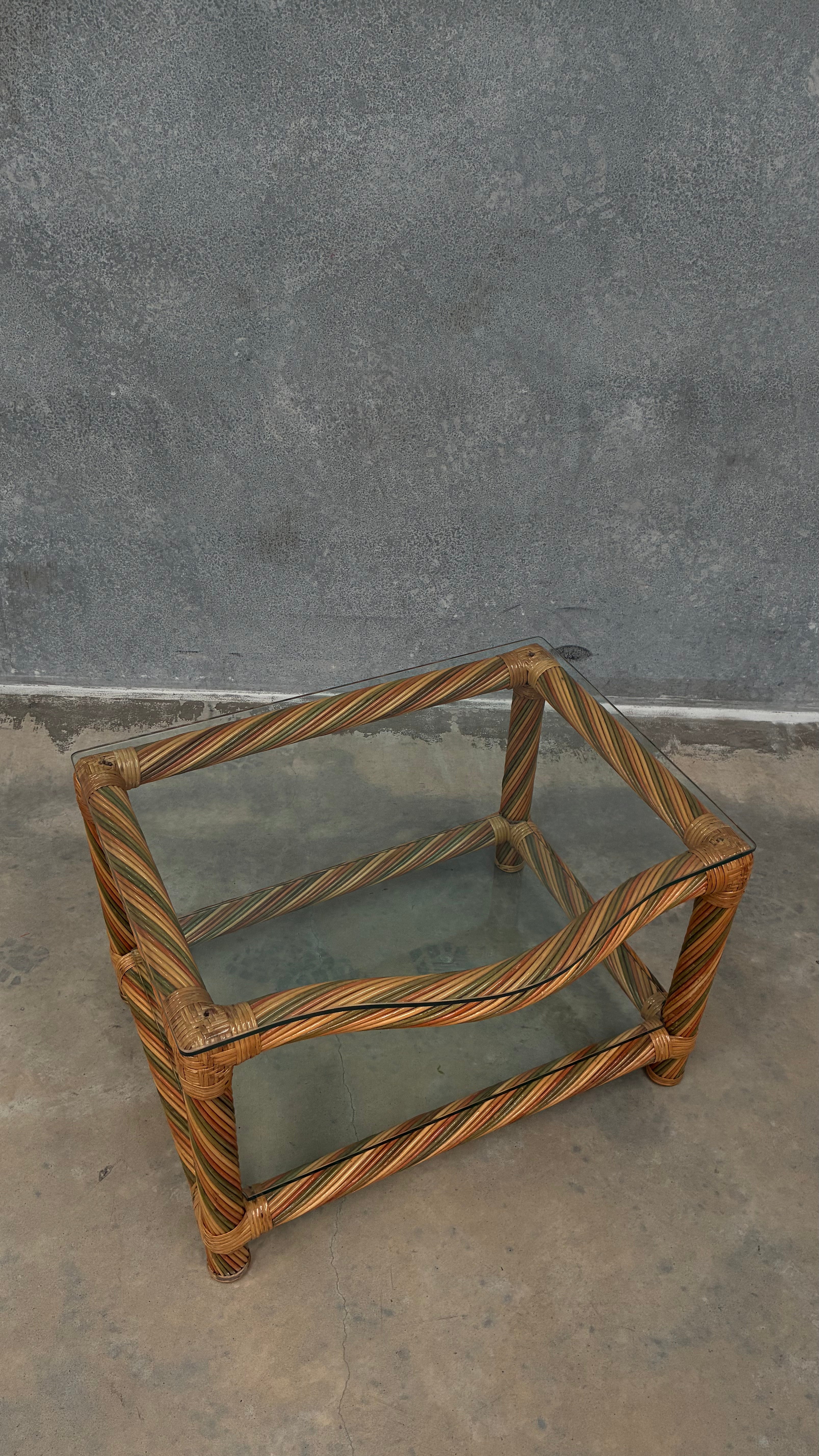 Italian Polychrome rattan and Glass occasional table 1970s