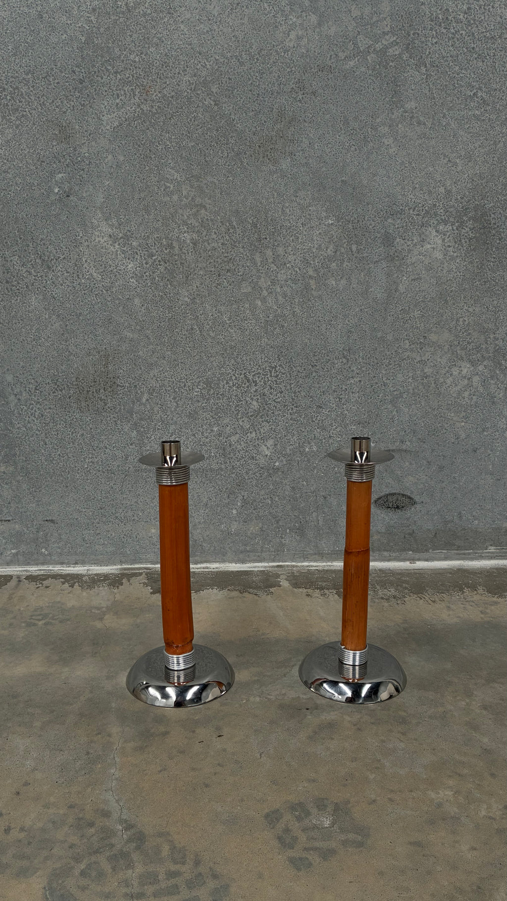 Pair of Bamboo & Chrome Candlesticks 1970s