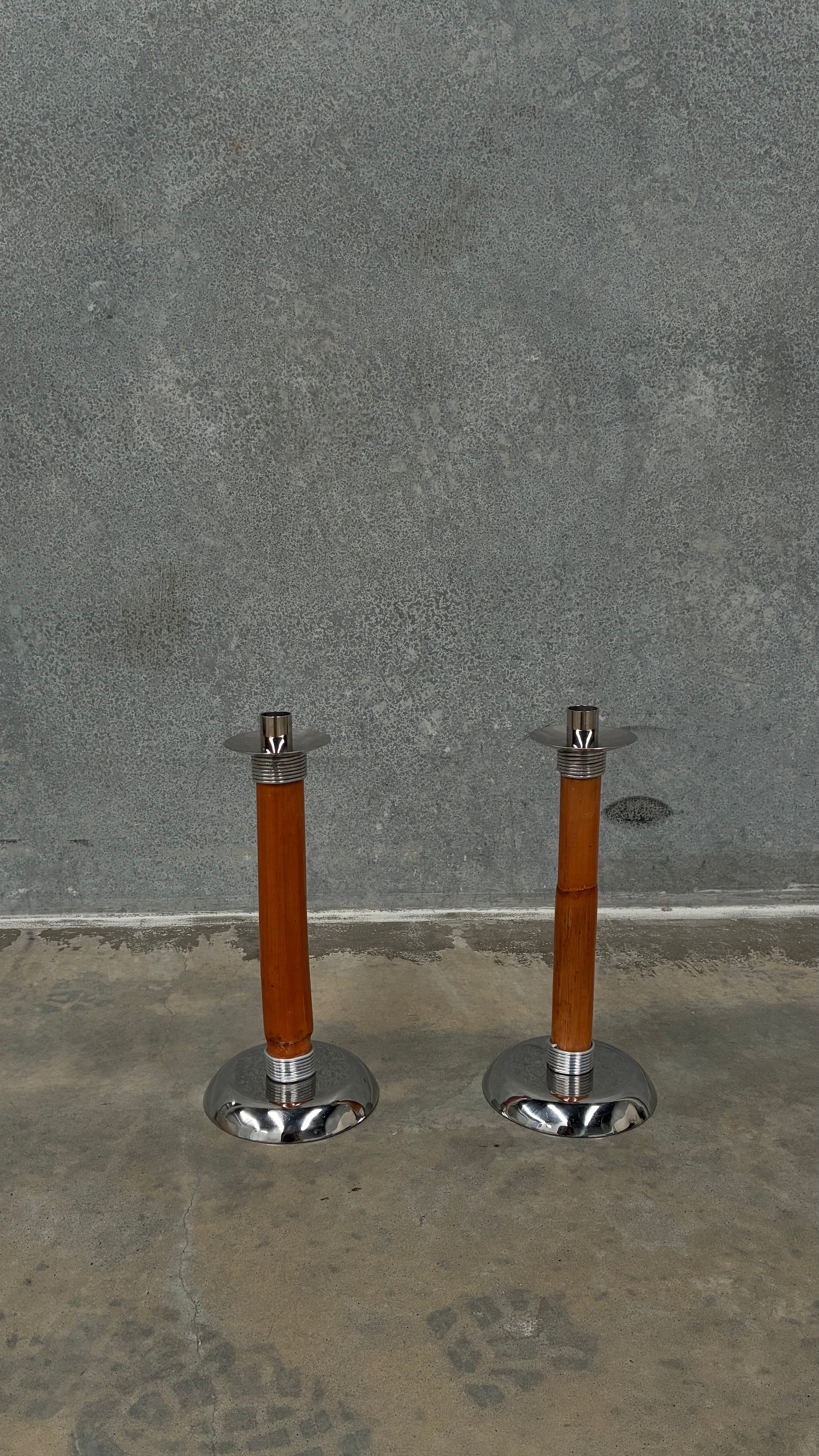 Pair of Bamboo & Chrome Candlesticks 1970s