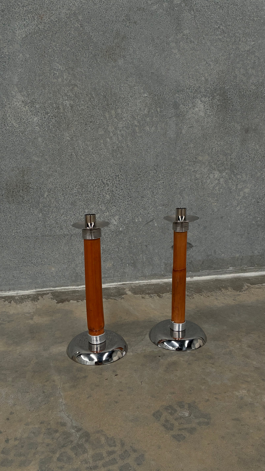 Pair of Bamboo & Chrome Candlesticks 1970s
