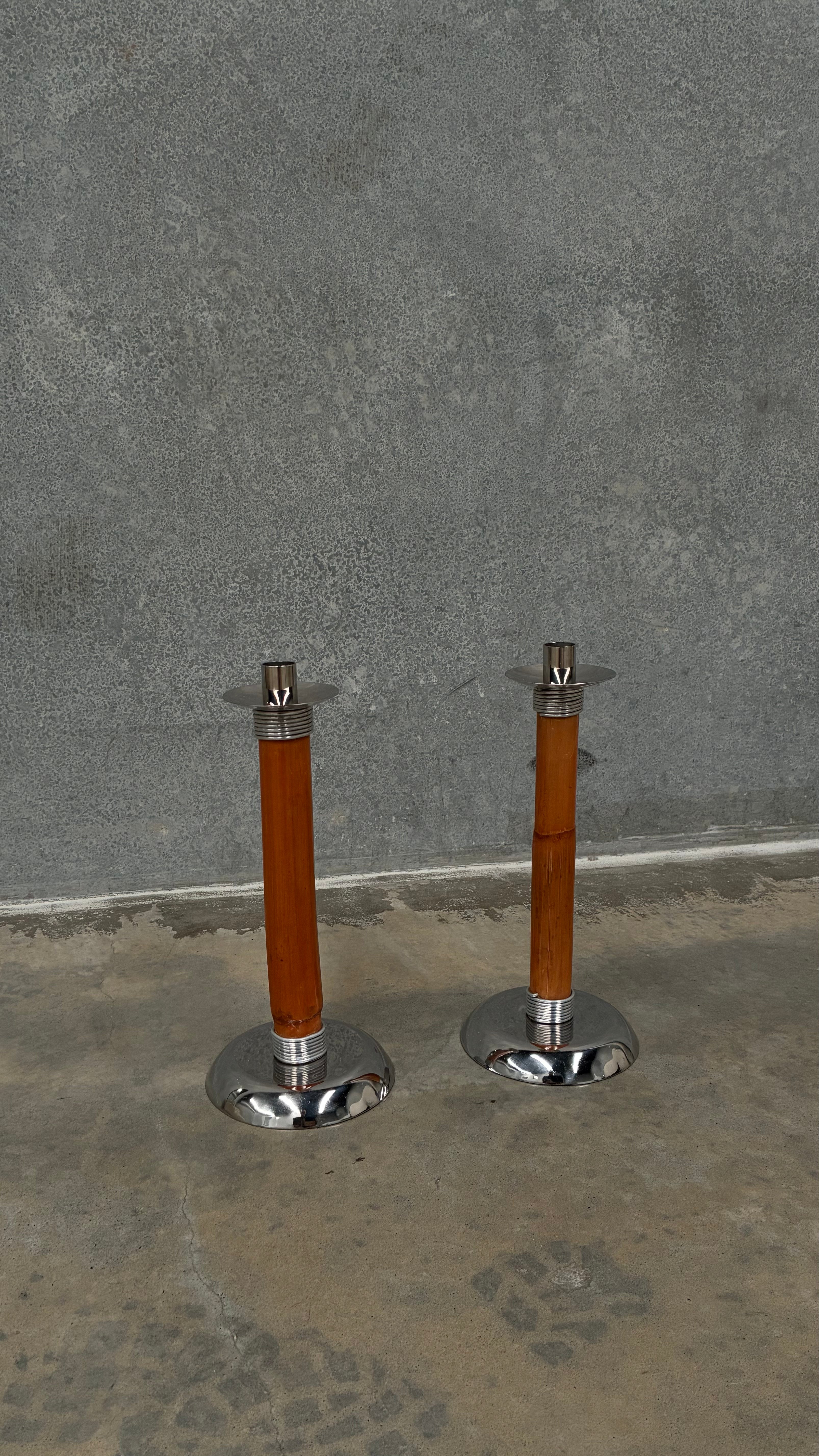 Pair of Bamboo & Chrome Candlesticks 1970s