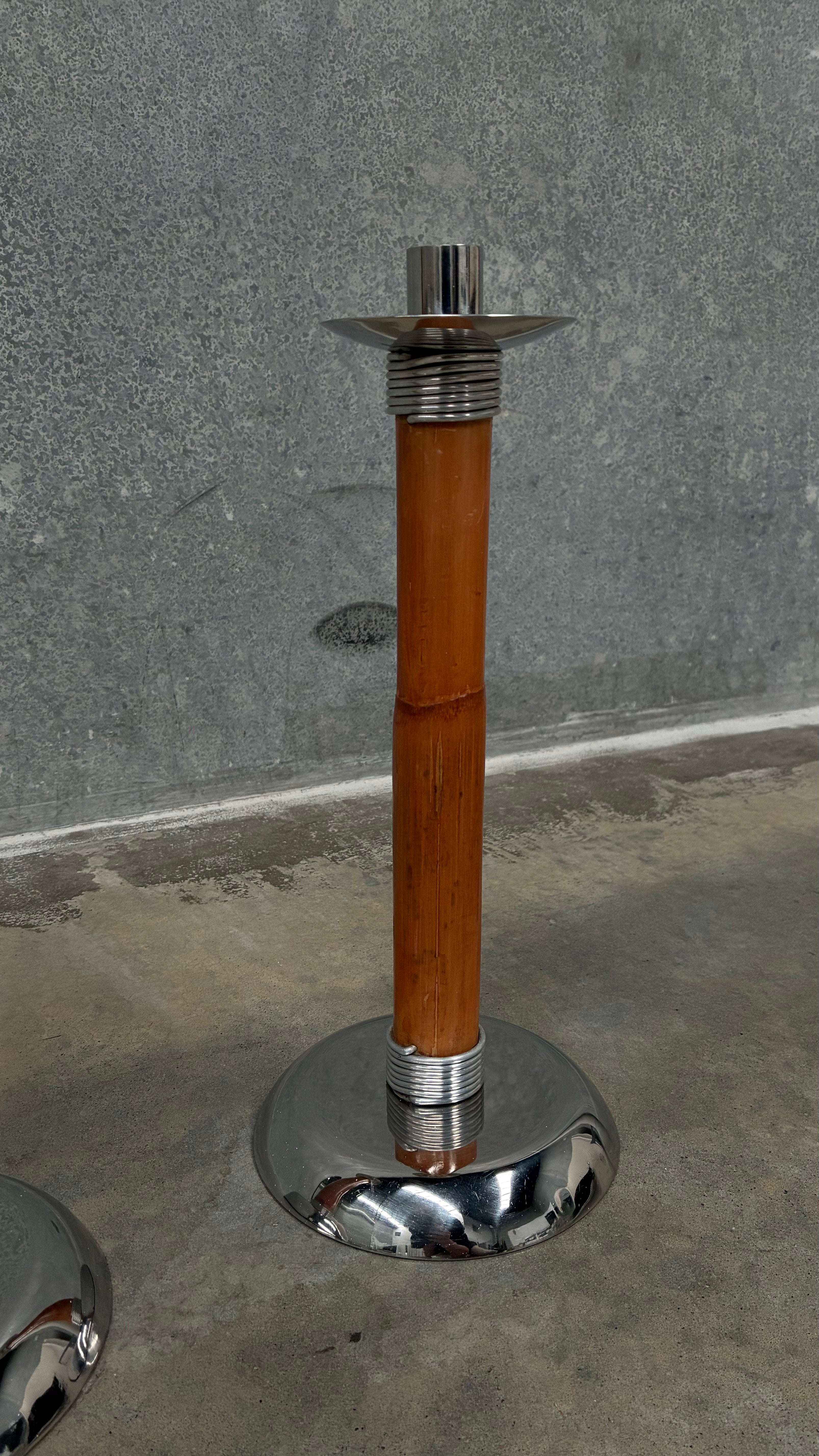 Pair of Bamboo & Chrome Candlesticks 1970s