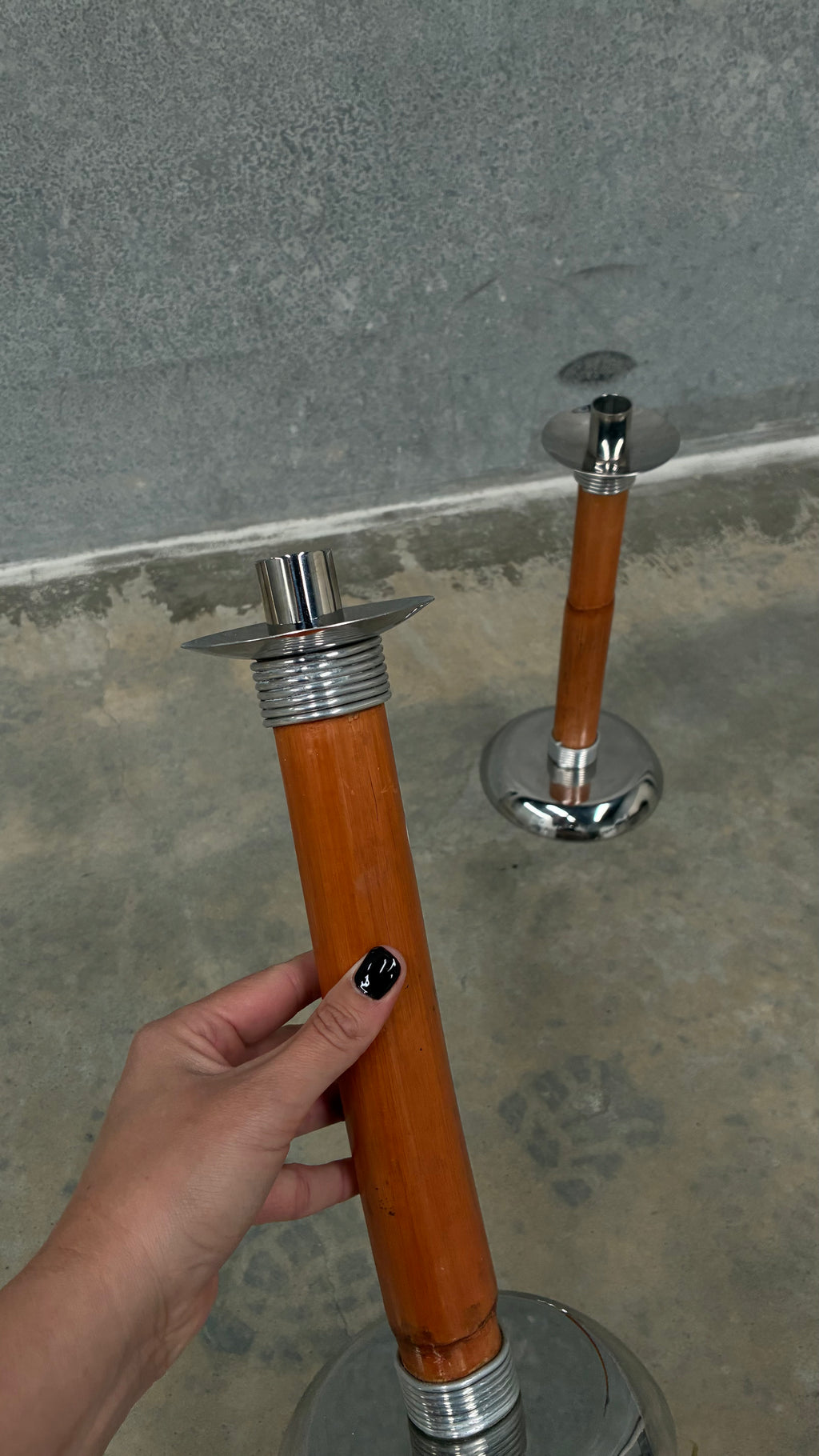 Pair of Bamboo & Chrome Candlesticks 1970s