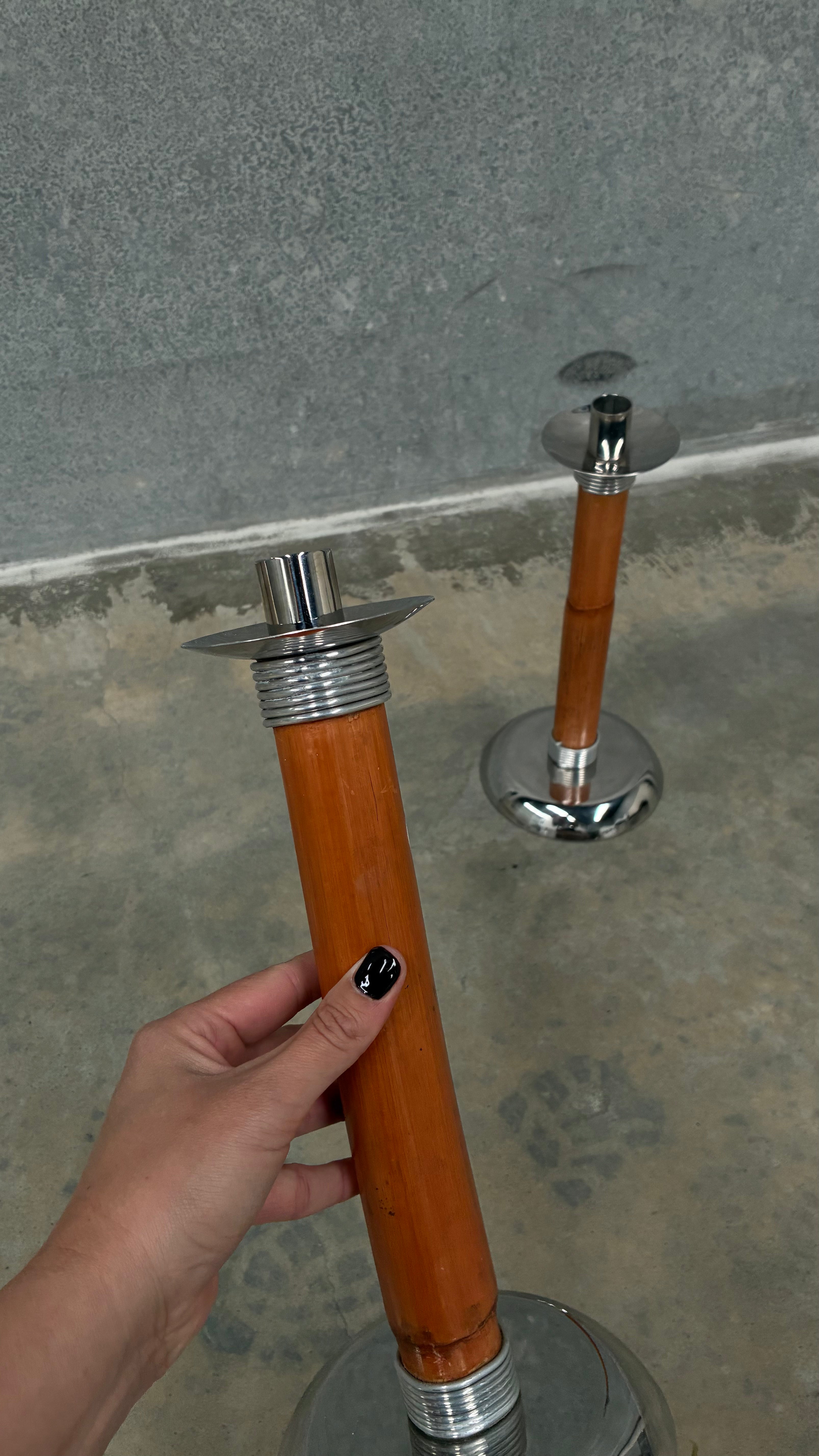 Pair of Bamboo & Chrome Candlesticks 1970s