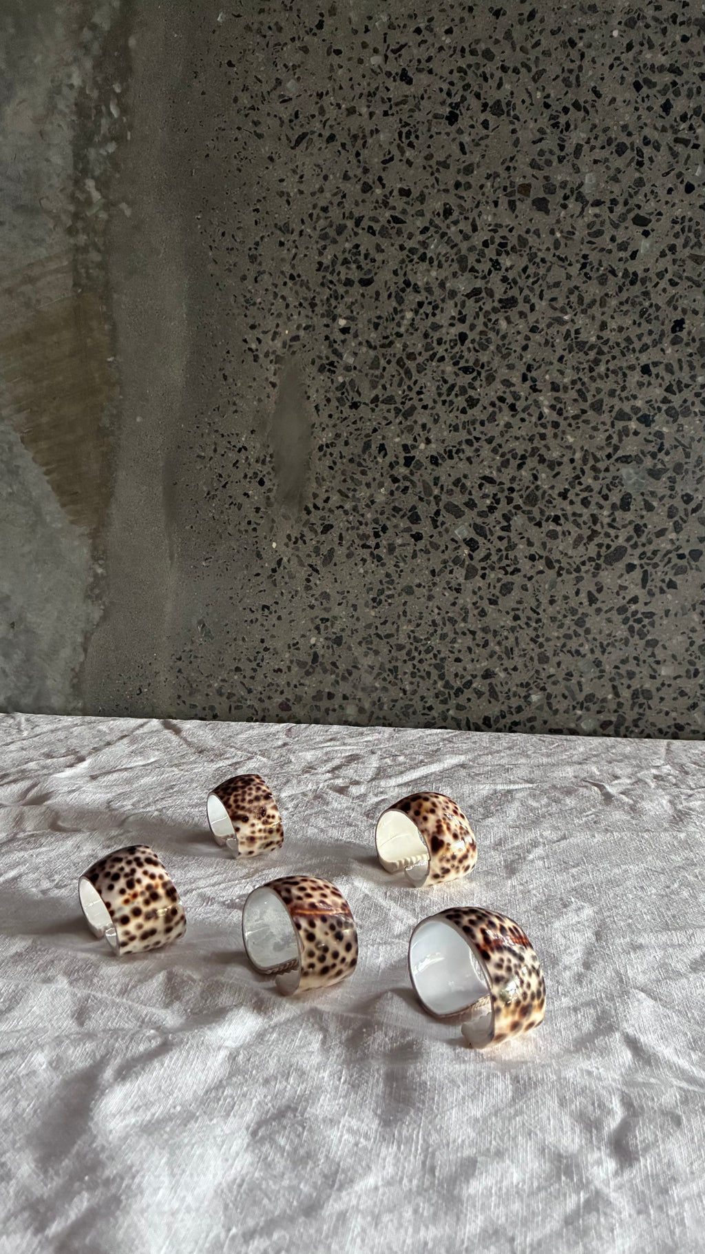 VINTAGE LEOPARD COWRIE SHELL NAPKIN RINGS, SET OF FIVE