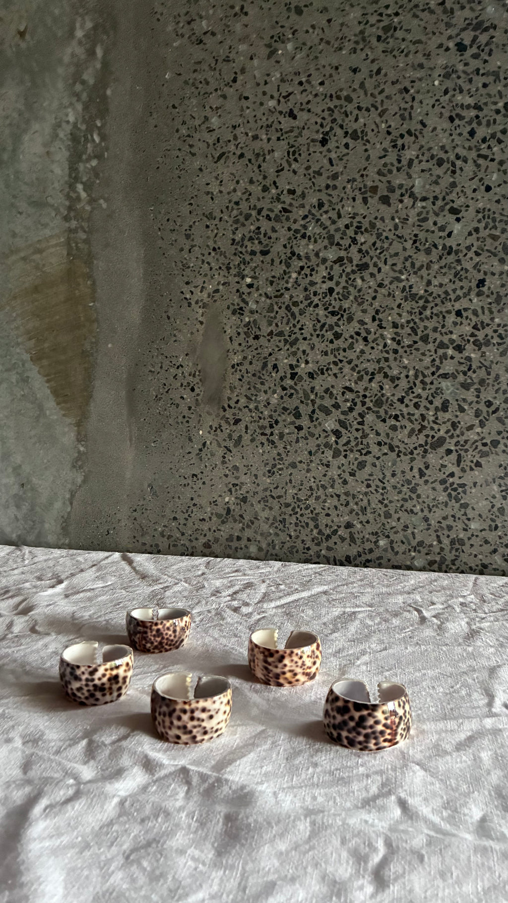 VINTAGE LEOPARD COWRIE SHELL NAPKIN RINGS, SET OF FIVE