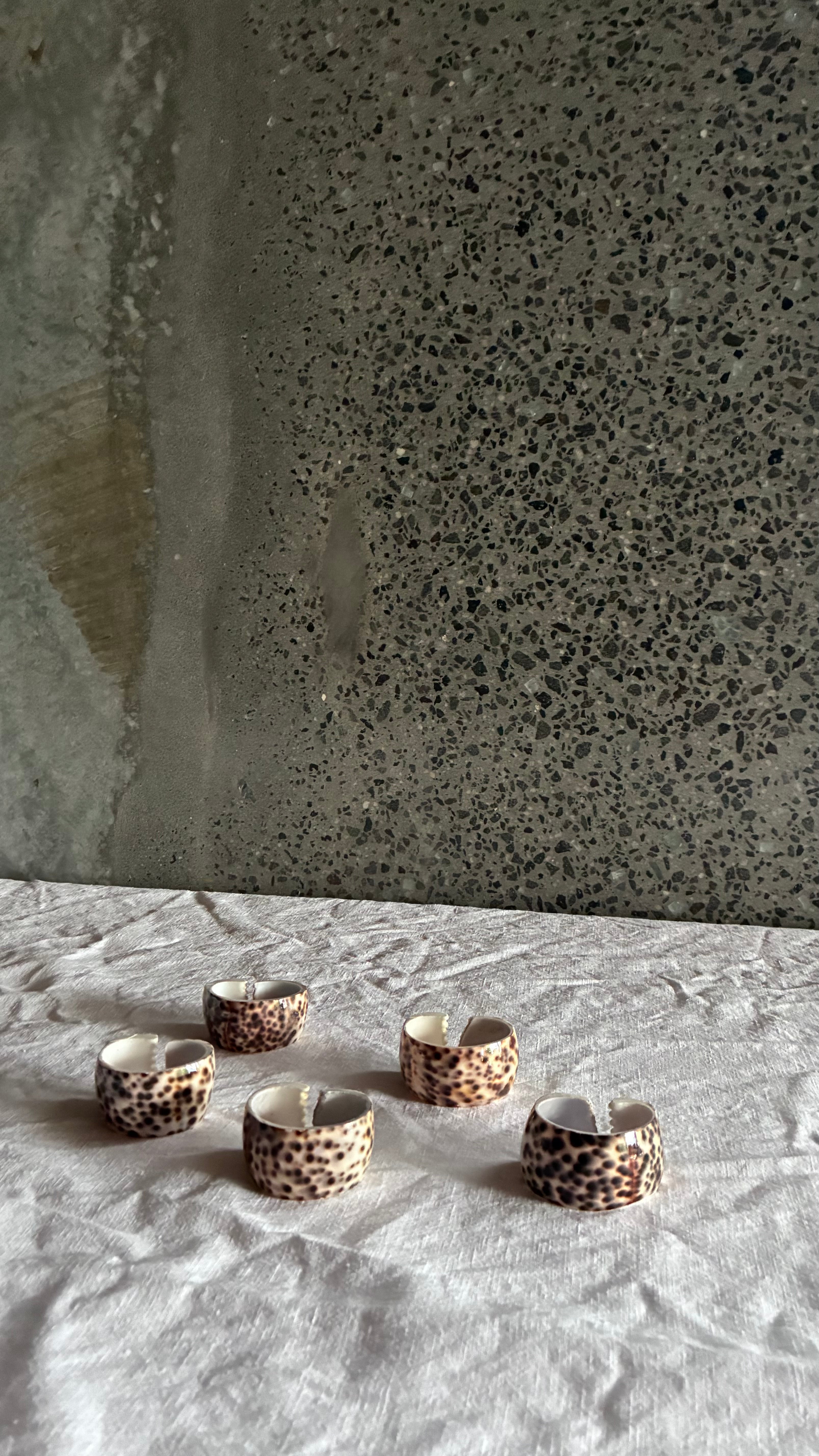 VINTAGE LEOPARD COWRIE SHELL NAPKIN RINGS, SET OF FIVE