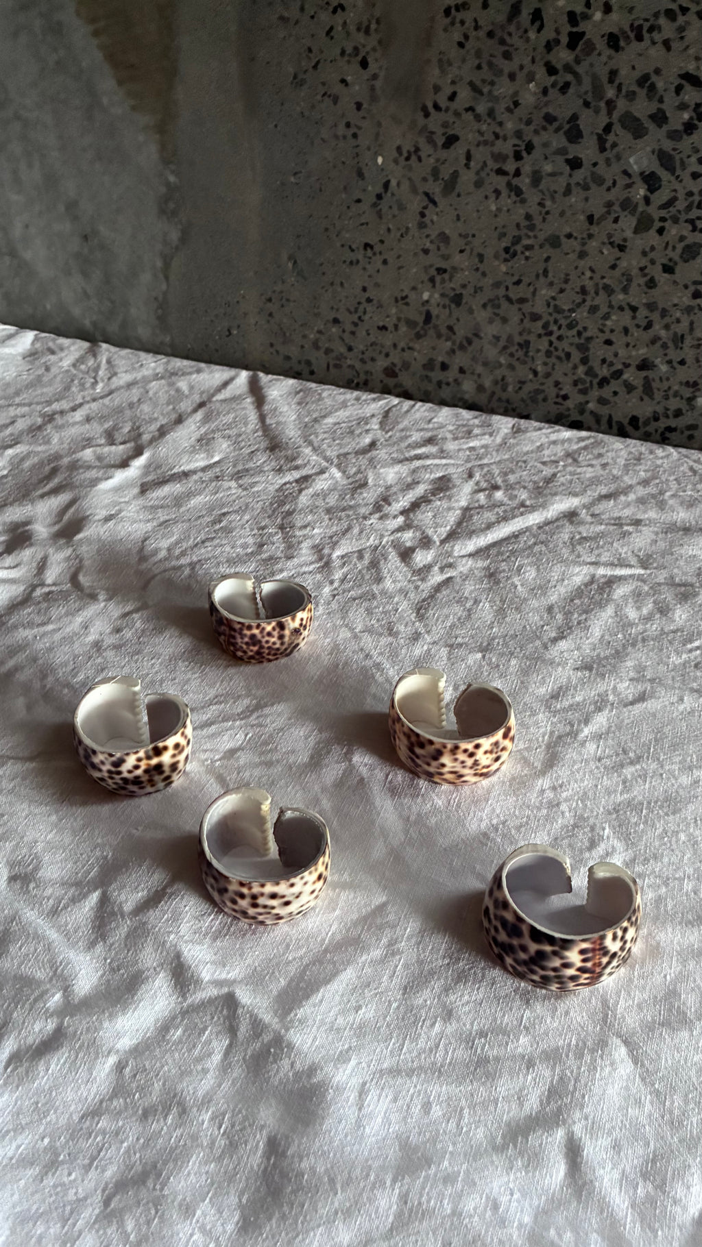 VINTAGE LEOPARD COWRIE SHELL NAPKIN RINGS, SET OF FIVE