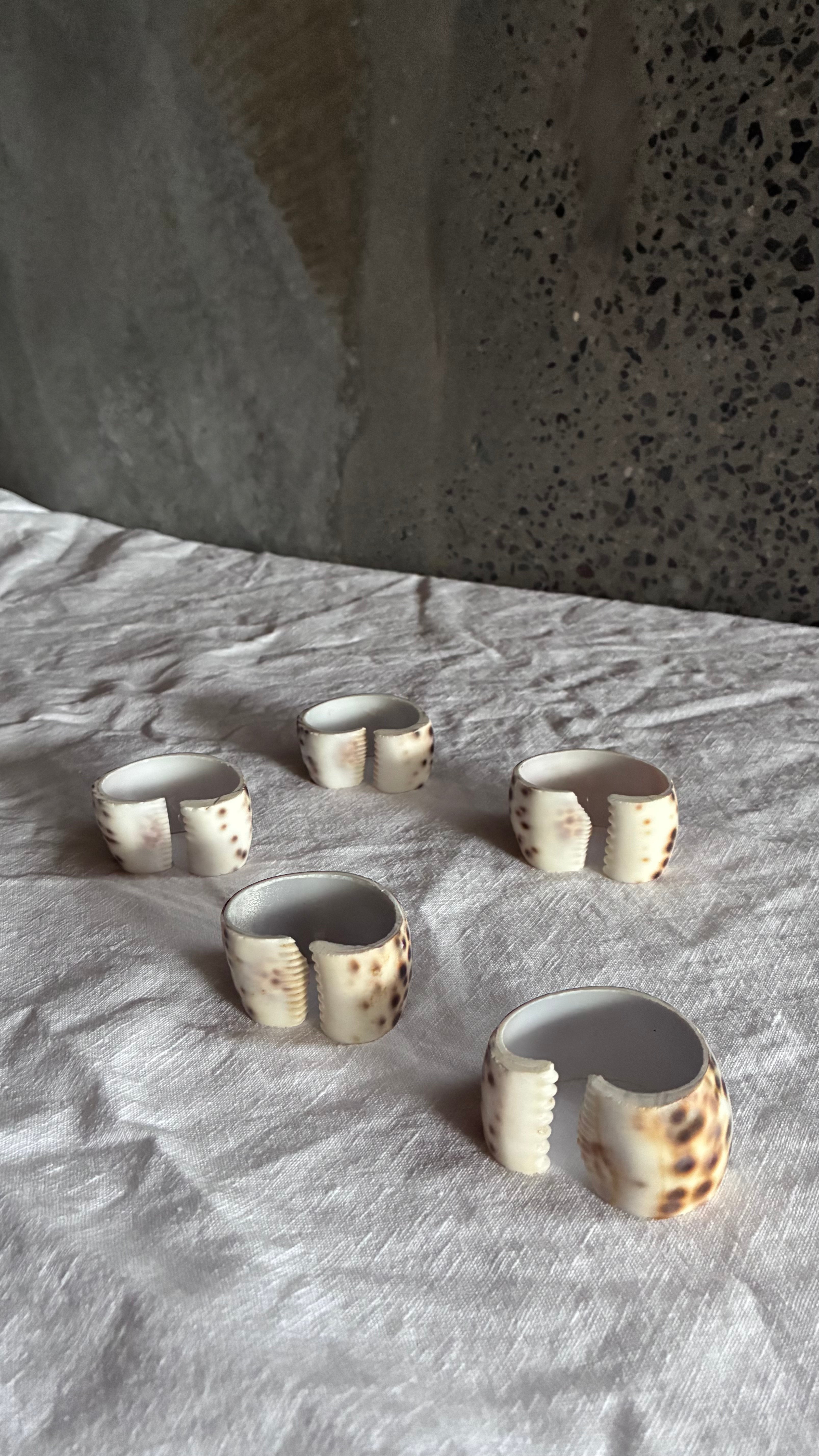 VINTAGE LEOPARD COWRIE SHELL NAPKIN RINGS, SET OF FIVE