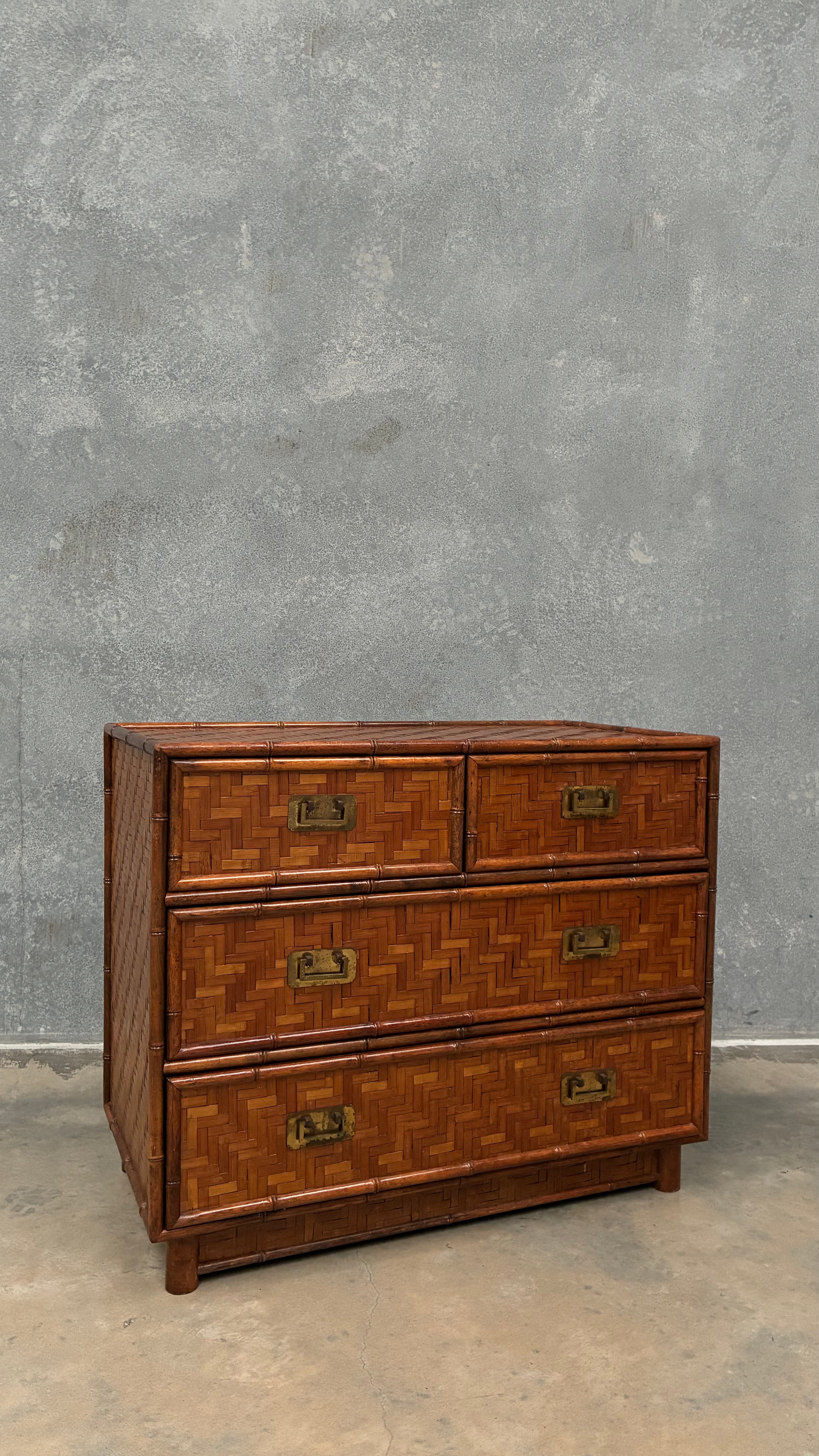 1960s Faux Bamboo and Woven Rattan Chest of Drawers