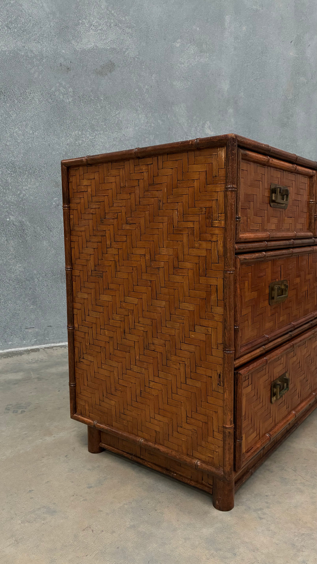 1960s Faux Bamboo and Woven Rattan Chest of Drawers