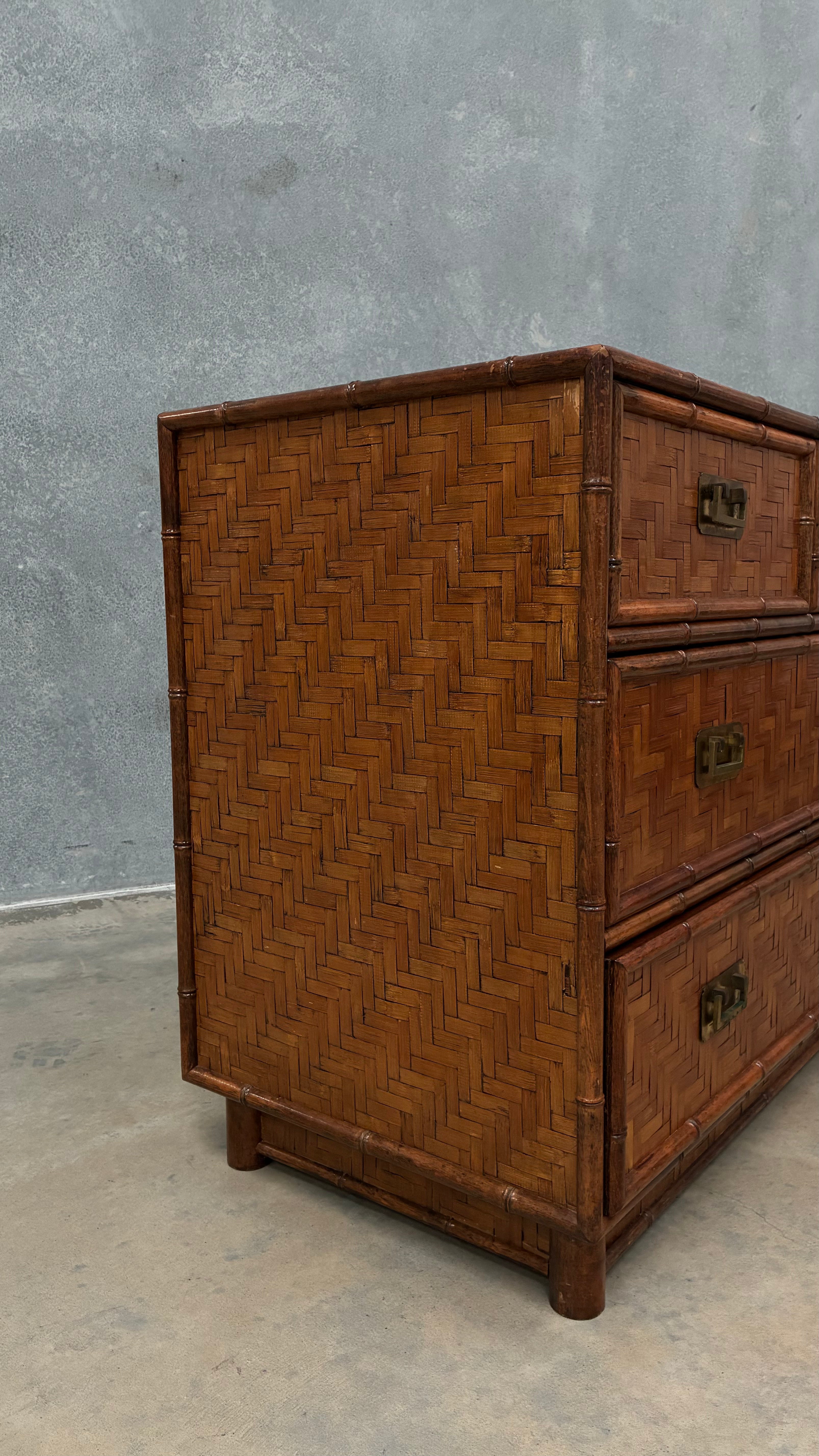 1960s Faux Bamboo and Woven Rattan Chest of Drawers