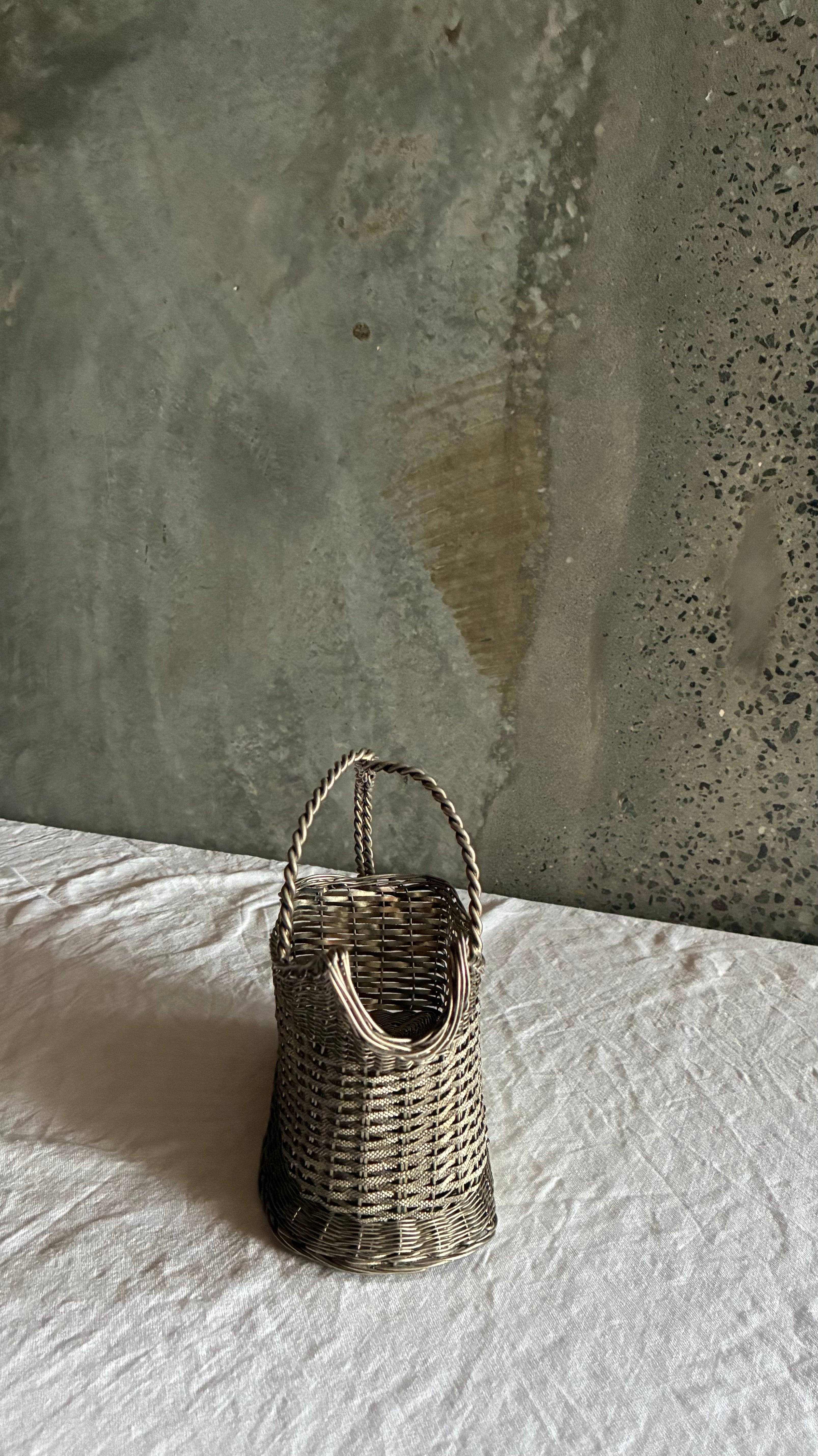 VINTAGE SILVER PLATED WOVEN WINE BASKET 1960
