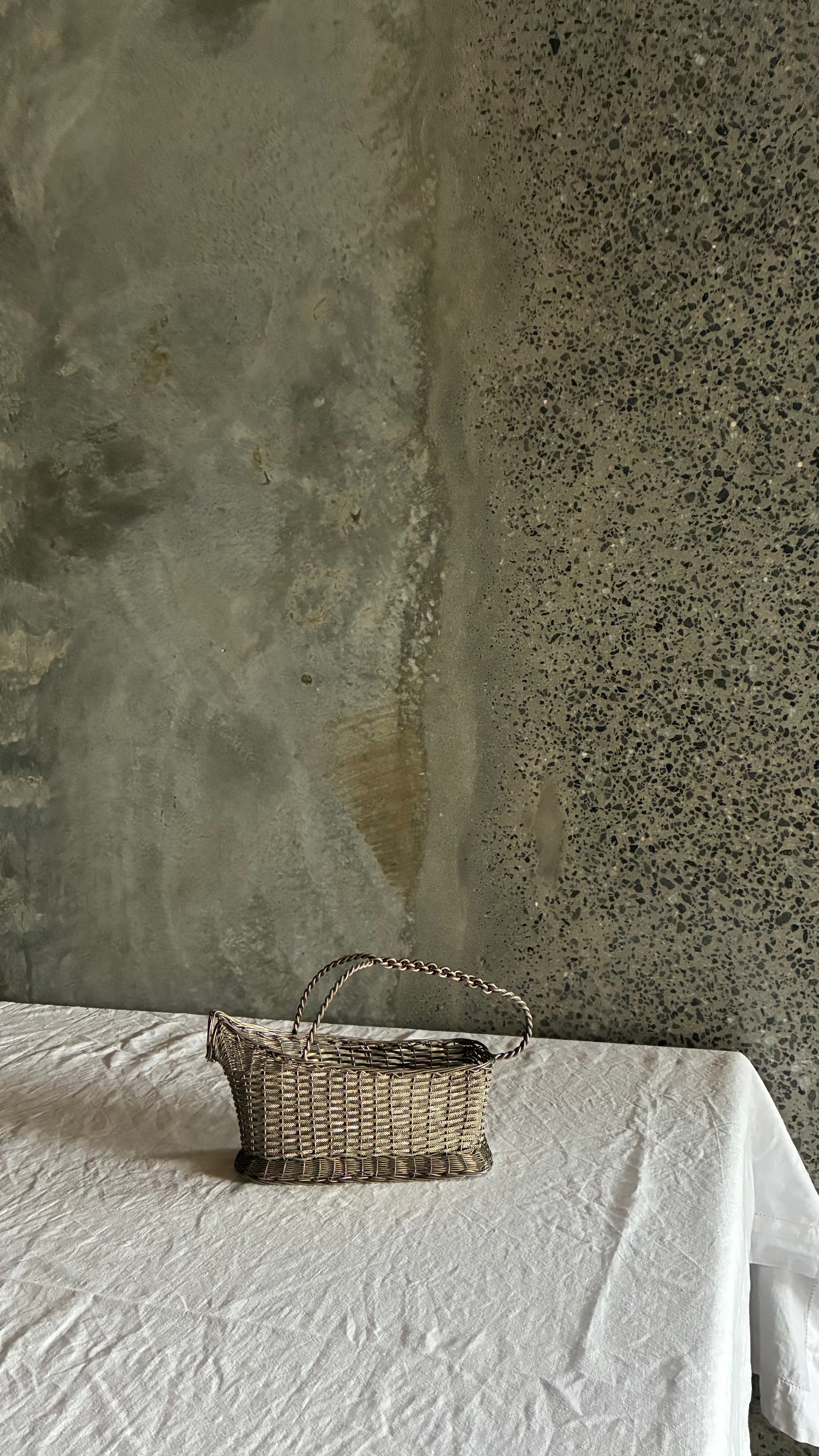VINTAGE SILVER PLATED WOVEN WINE BASKET 1960
