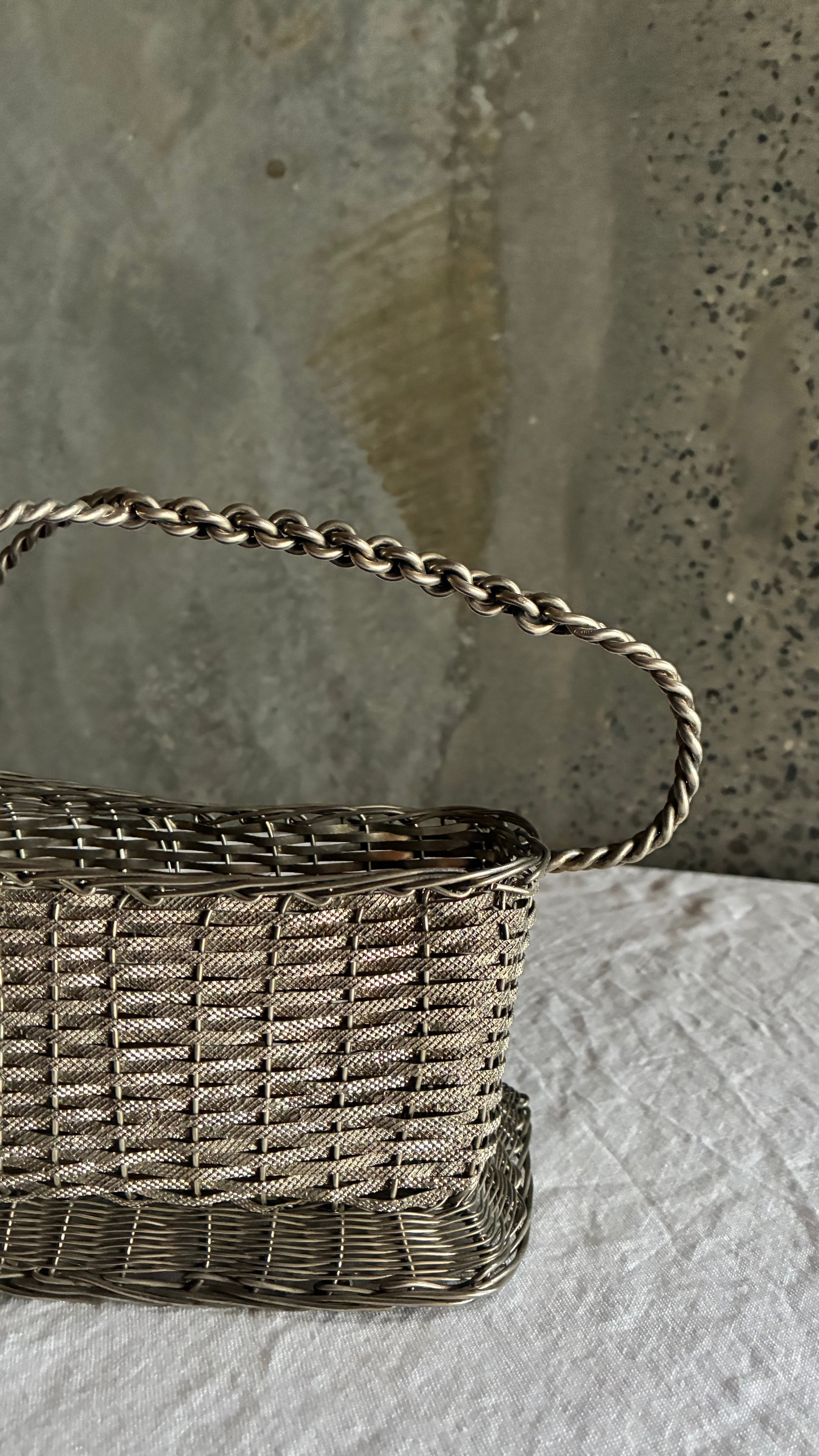 VINTAGE SILVER PLATED WOVEN WINE BASKET 1960