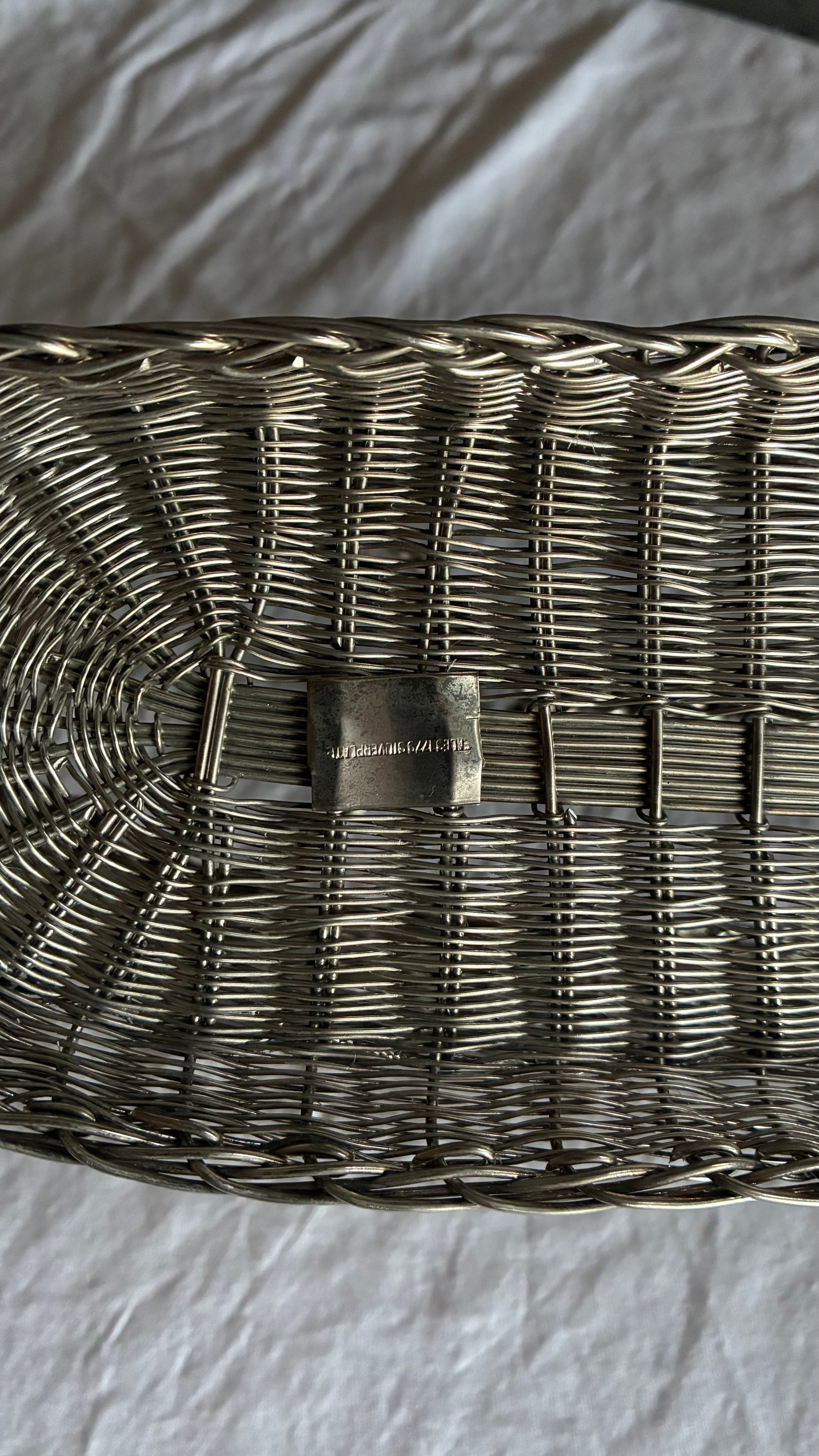 VINTAGE SILVER PLATED WOVEN WINE BASKET 1960