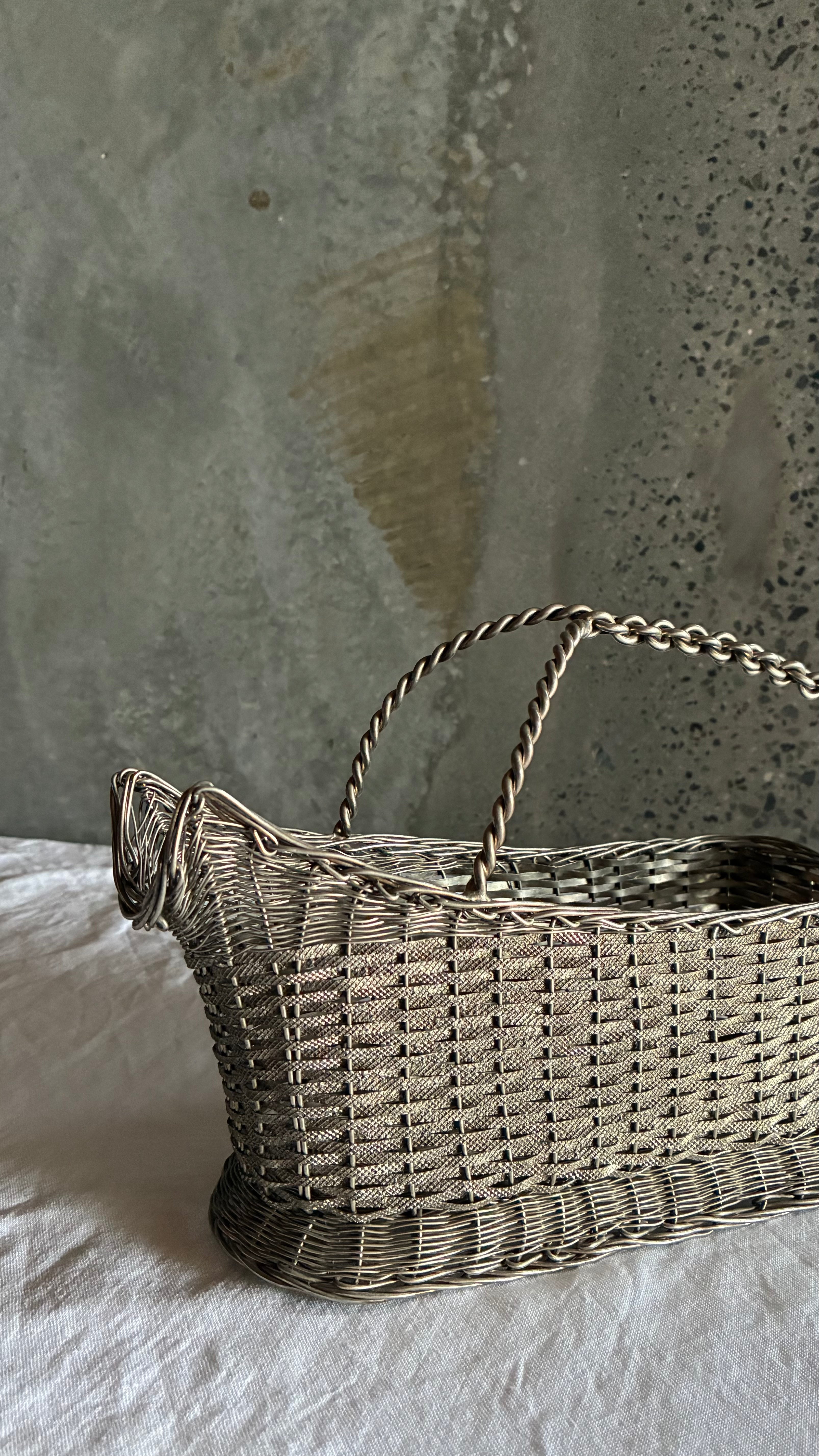 VINTAGE SILVER PLATED WOVEN WINE BASKET 1960